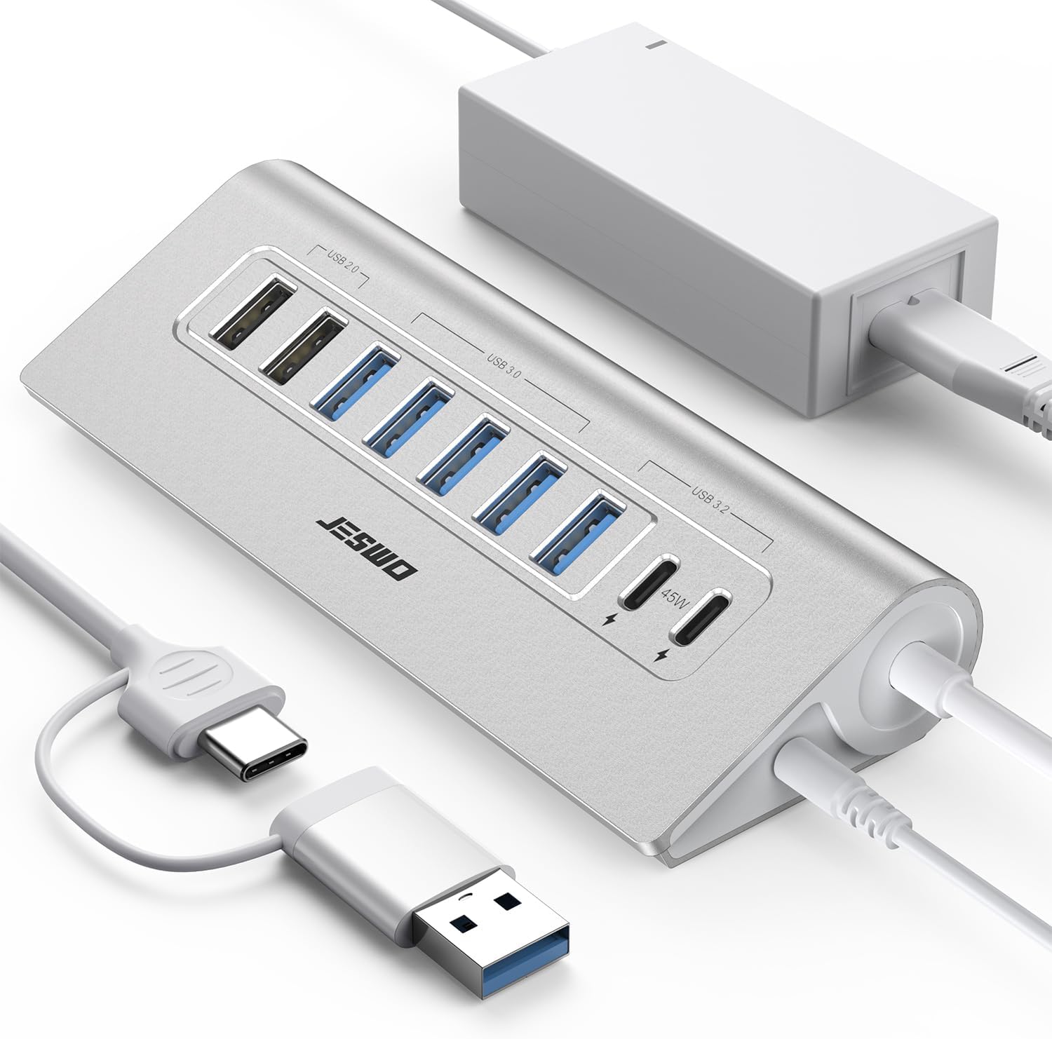 JESWO 65W Hub USB C Alimenté 9 Ports Aluminium Hub USB 3.2 10Gbps(USB A+C)
