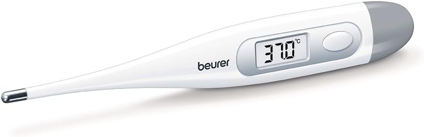 Beurer FT 09 Thermomètre numérique et corporel, résistant à l'eau, écran LCD, signal acoustique, sans verre, couleur blanc