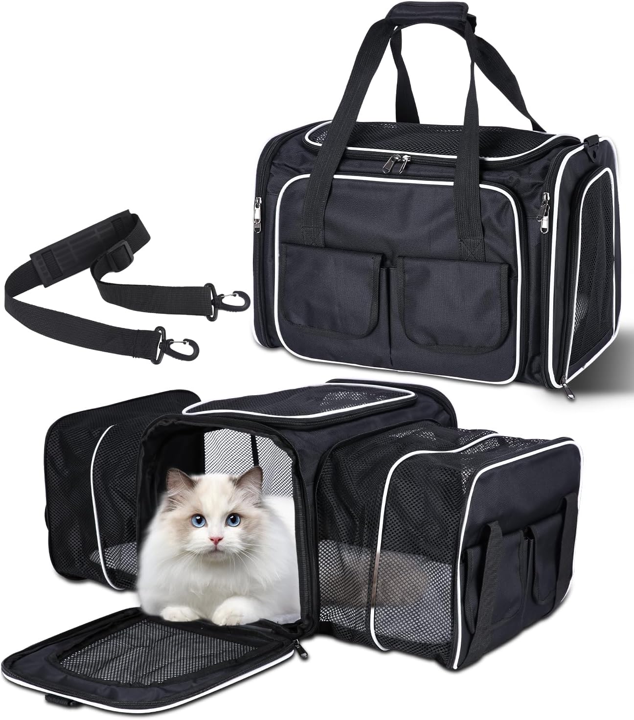 Sac de Transport pour Chat, Caisse Transport Chat Avion Voiture, Respirant et Pliable, avec Matelas en Peluche, Poches Latérales, pour Voyage en Avion Train