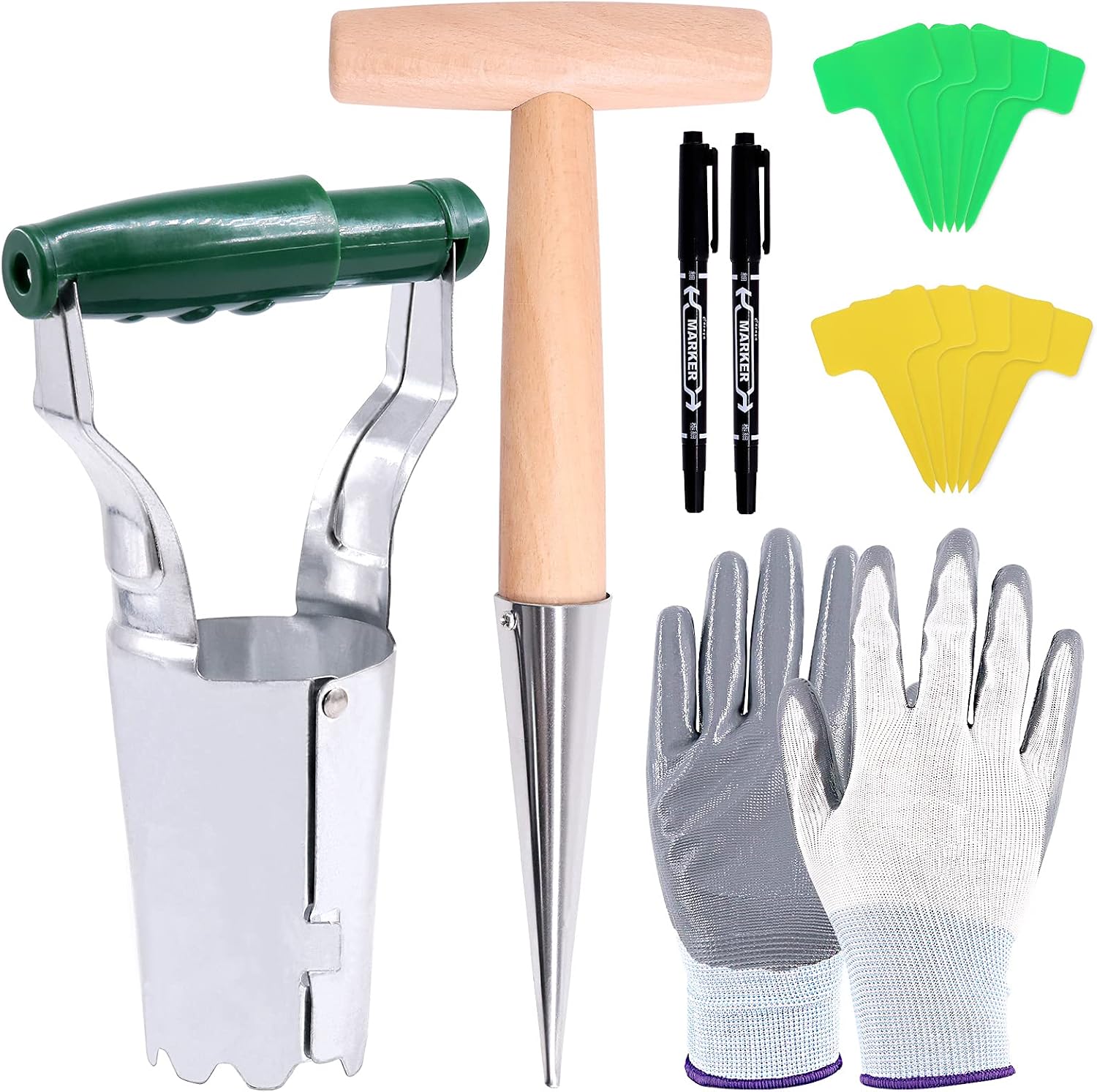 Lot de 106 outils de jardinage pour plantation de bulbes comprenant 1 plantoir en métal, 100 étiquettes en T, 1 paire de gants et 2 marqueurs, kit de plantation portable pour semis de jardin