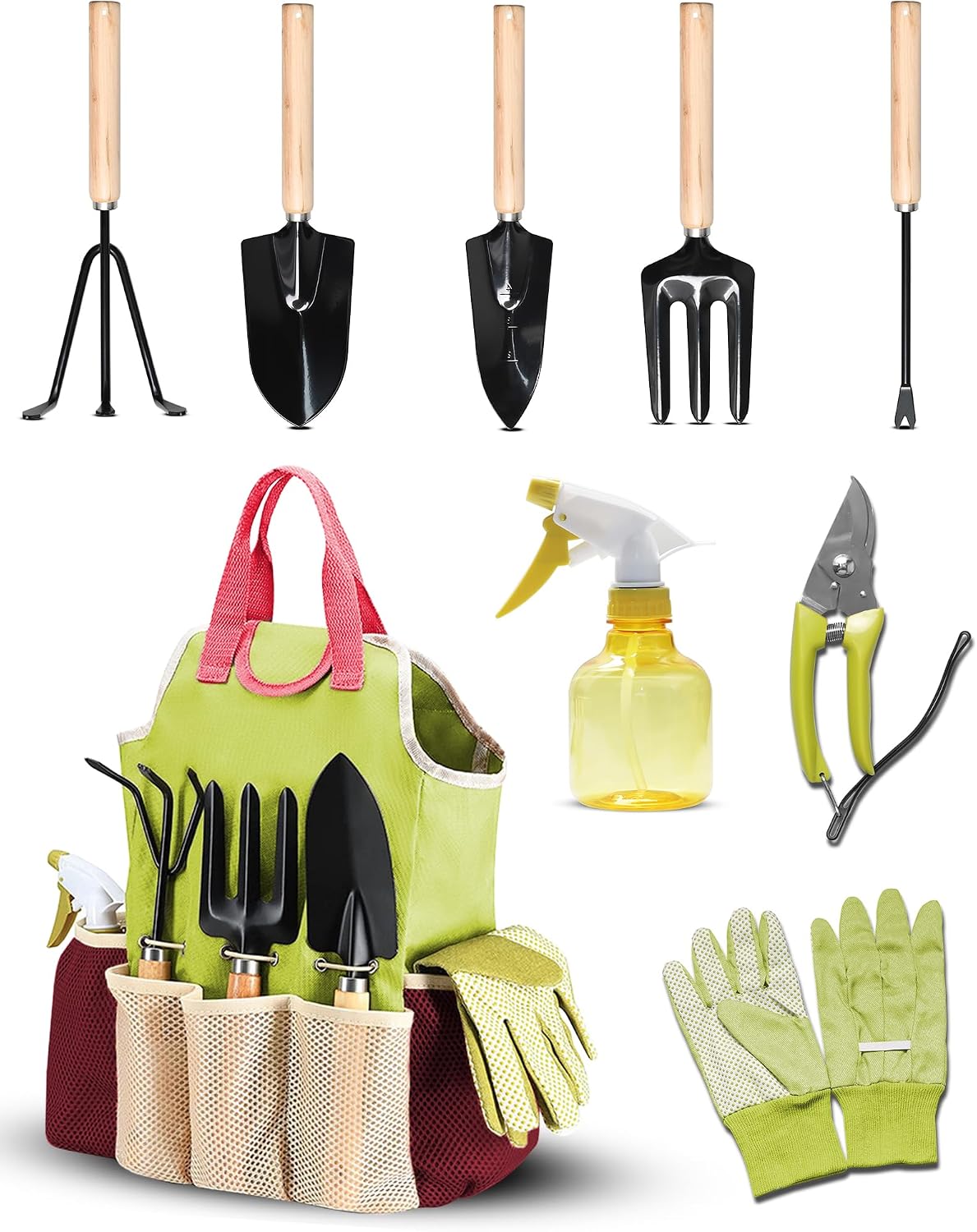 Ensemble d'Outils de Jardinage – 9 Pièces Outil Jardinage, Cadeaux de kit Jardinage en Acier Inoxydable, Comprend sécateur, Griffe de Jardin et cultivateur Manuel, Idéaux pour Femmes et Hommes