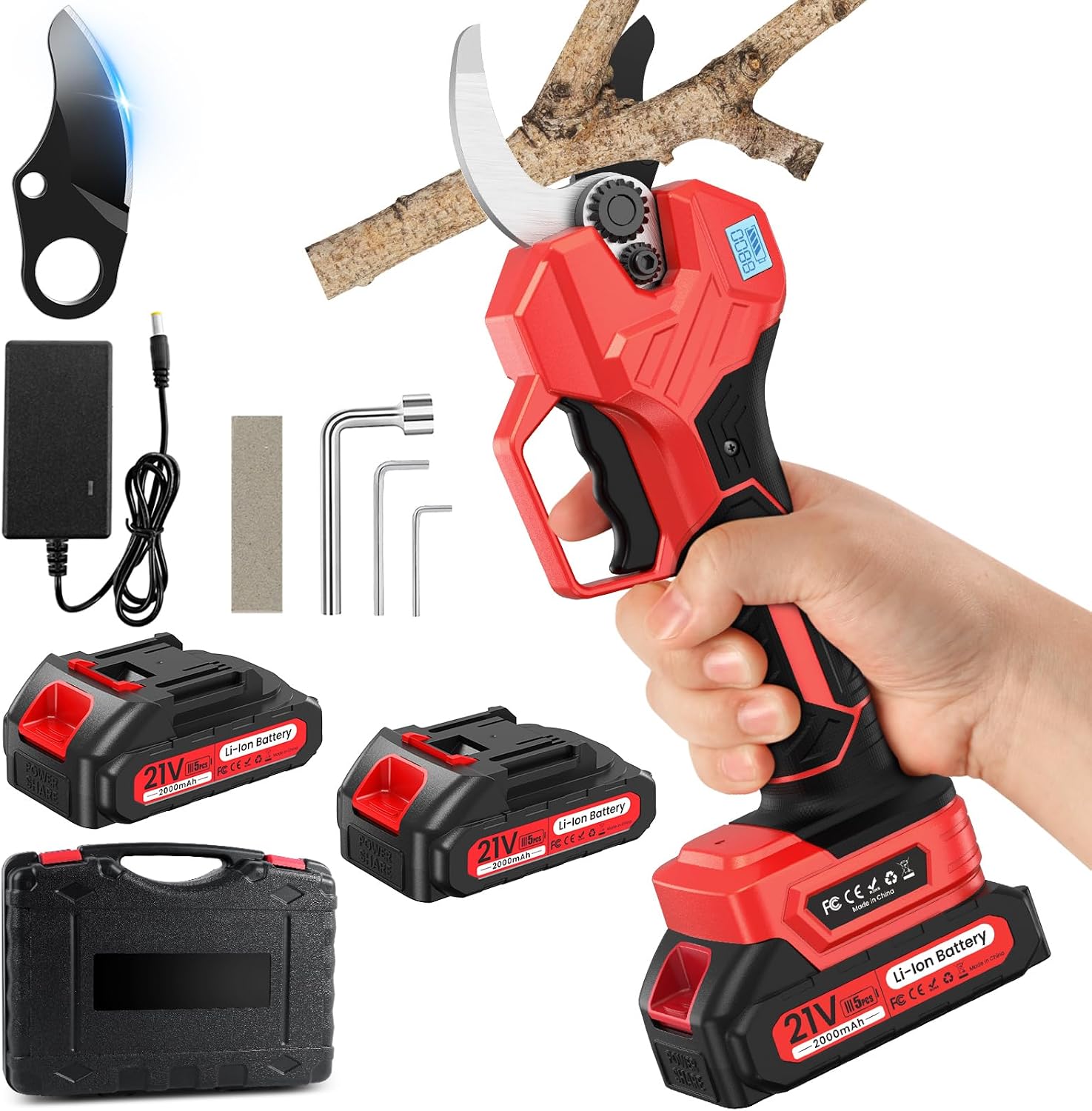 50 Mm Astschere à Batterie, Interrupteur Intégré, Ouverture et Fermeture Silencieuse, Avec Affichage, 2 X 2000 Mah Batteries, Convient Pour Vergers, Jardins Et Fermes (Rouge)