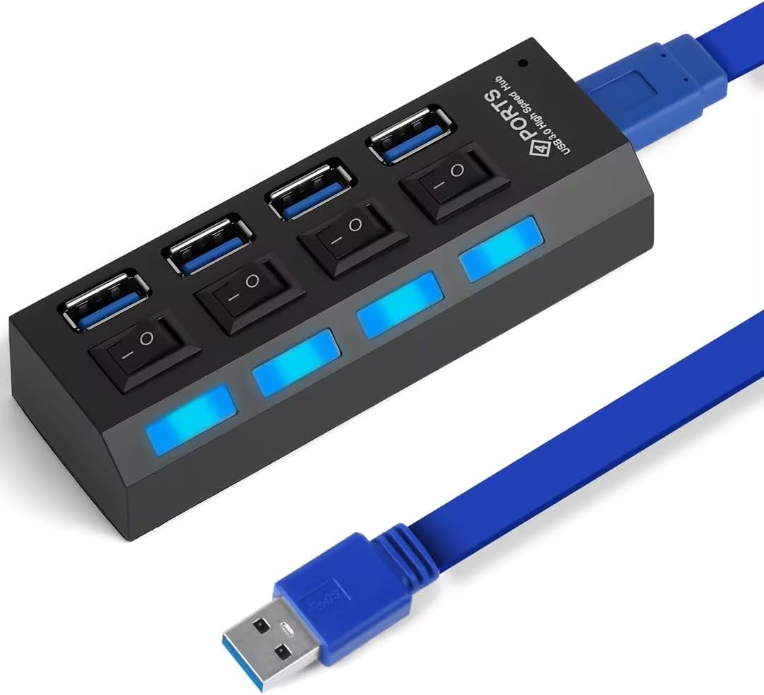 OFFCUP Hub USB 3.0, USB Hub à 4 Ports Multi Port Répartiteur Hubs acve Commutateur d'alimentation LED et Câble de 52cm pour PC, MacBook Air, Mini M4, Windows XP/Vista/7/8 Mac Pro/iMac (5Gb/s)