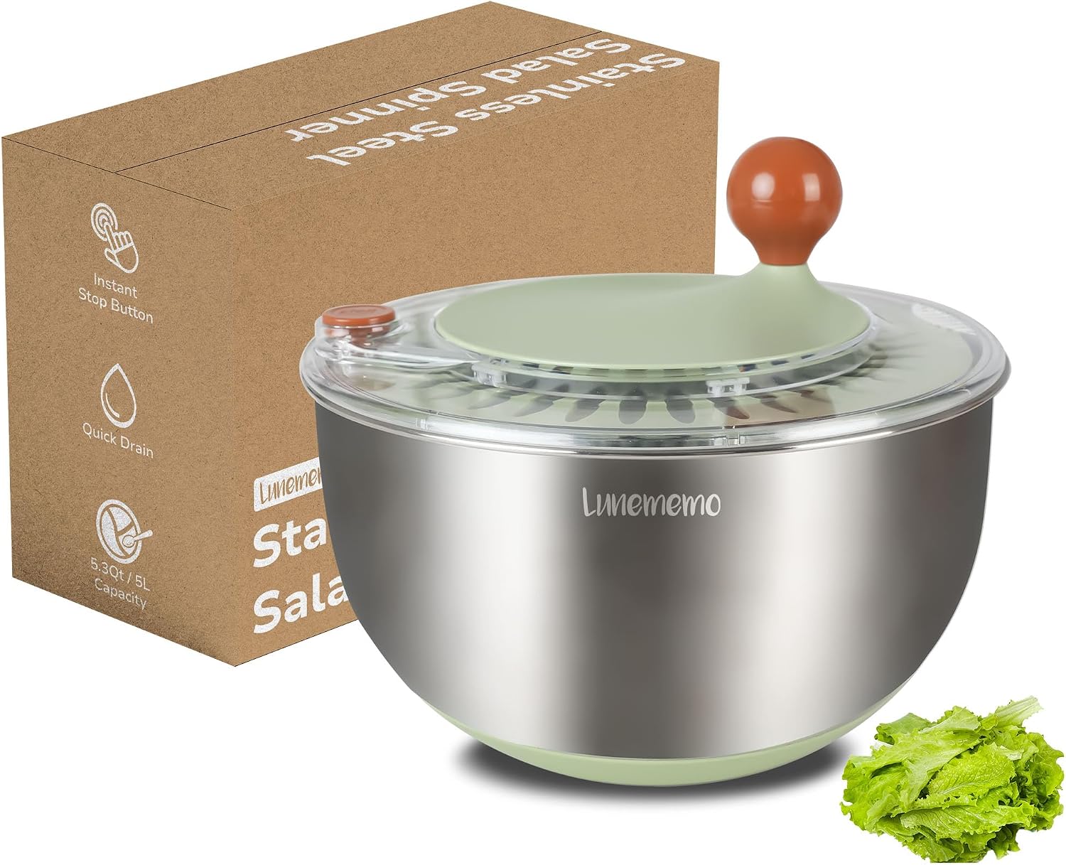 Lunememo 5L Essoreuse à Salade en Acier Inoxydable 18/10, Base Antidérapante, Bouton Stop, Utilisable en Saladier Inox, Sans BPA