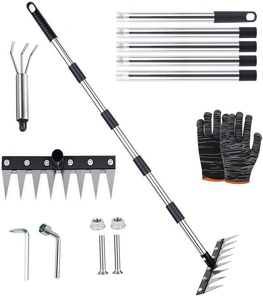 Râteau de Désherbage avec Manche Télescopique 185 cm, 8 Dents Rateau Scarificateur en Acier Robuste, Râteau de Jardin Polyvalent, pour Outillage De Jardin pour Désherber, Ameublir, Semence