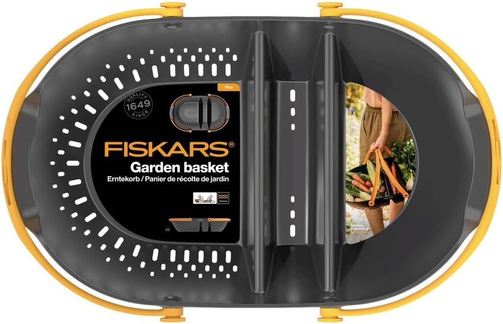 Fiskars Panier de Récolte, Pour Ramasser, Transporter et Nettoyer les Récoltes et les Outils de Récolte, Plastique, Noir/Orange, Plus, 1062831
