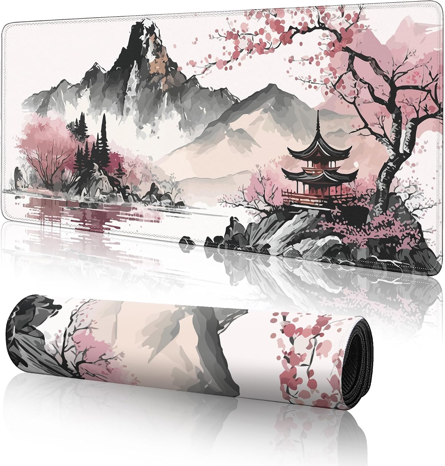 Grand Tapis De Souris Gaming XXL - 800X300 mm - Gamer Mouse Pad avec Coutures sur Les Bords - sous Main Bureau - Accessoire Bureau, Base en Caoutchouc Antidérapant Surface -Fleur de Cerisier