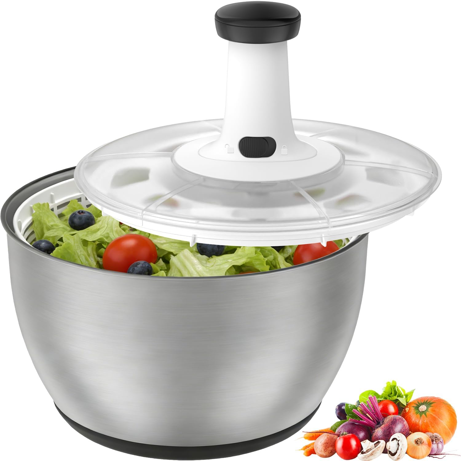 Essoreuse à Salade Acier Inoxydable, 6L Grande Capacité Essoreuse Salade avec Saladier et Base Antidérapante, sans BPA, Lave et sèche Rapidement Les légumes et Les Fruits