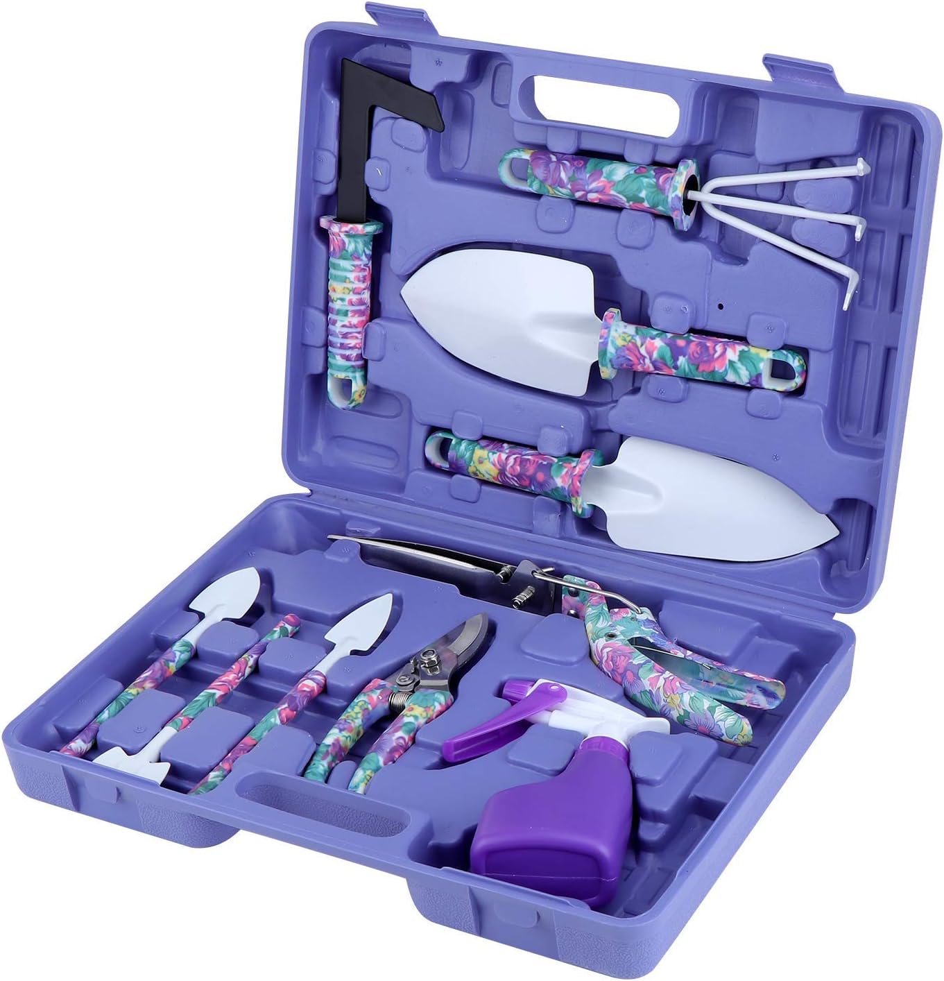 Coolty Outils de Jardinage avec 10 Pièces avec Ciseaux,Pelles,Râteaux et Pulvérisateur Poignée Ergonomique Antidérapante et Antirouille - Boîte de Rangement (Violet)