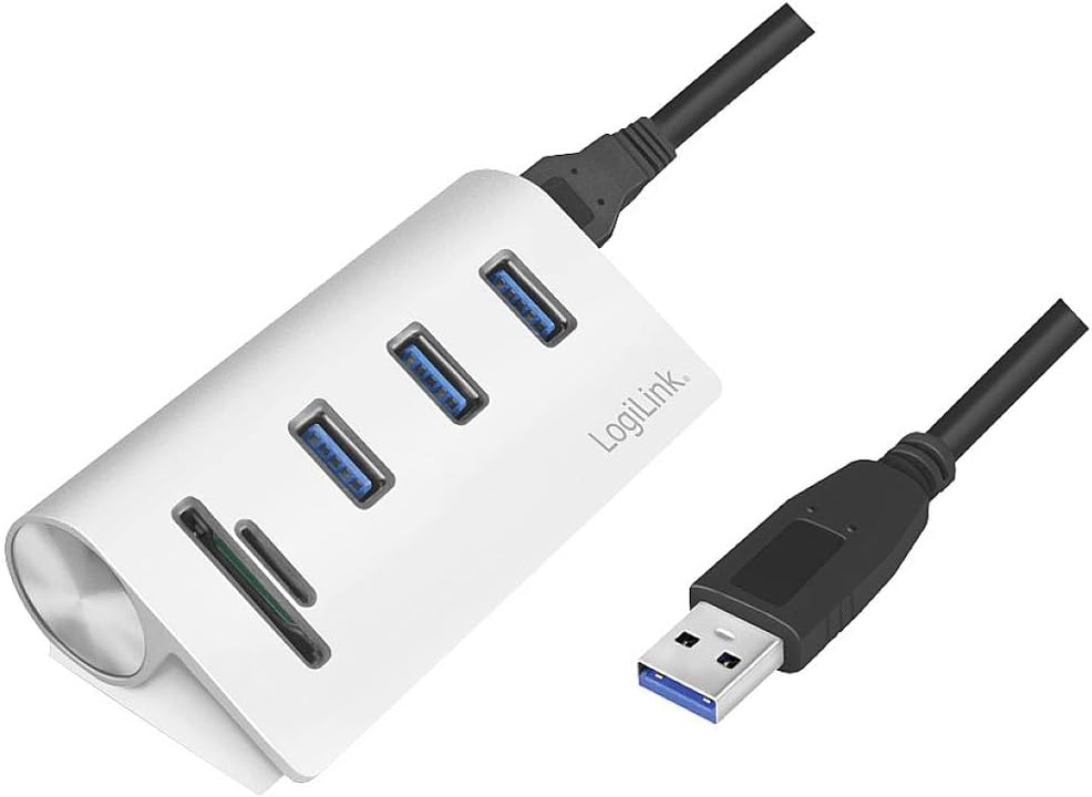 LOGILINK CR0045 Hub USB 3.0 3 Ports avec Lecteur de Carte SD + Micro SD Boîtier en Aluminium pour Windows Mac OS Linux Argenté