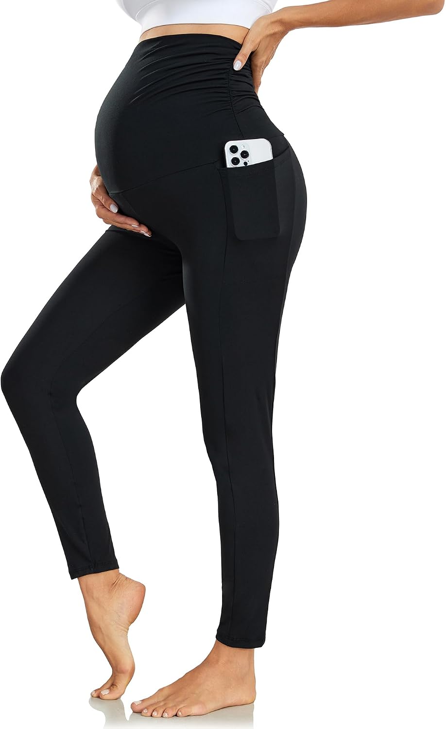 Legging Grossesse Femme Taille Haute Leggings Maternité avec Poches Opaque Pantalon Grossesse Femme Vetement Enceinte