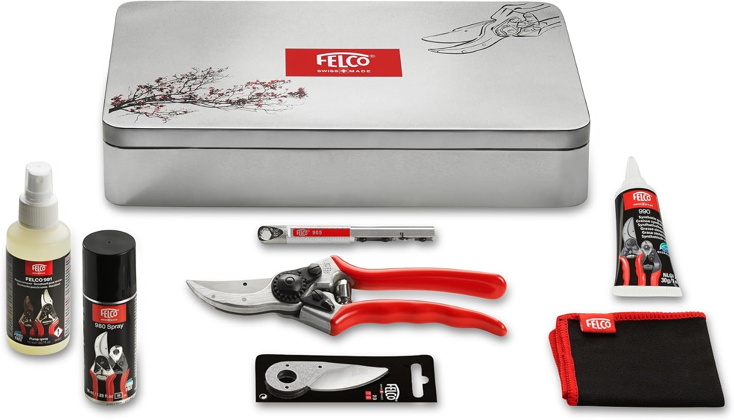 FELCO Sécateur Modèle 2 - Boîte d'entretien et d'entretien - Modèle 933 - Modèle 2 inclus - Lame de rechange 2/3 - Spray lubrifiant - Dissolvant de graisse - Affûteur de graisse - Clé de réglage 2/30