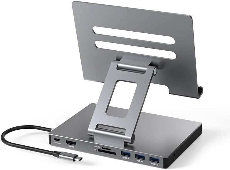 Support de hub USB C pour iPad Pro M4 M2 M1 13 12 iPad Air Station d'accueil Pliable avec HDMI 4K 60 Hz, Charge PD, Lecteur de Carte SD/TF, 3 USB 3.0, Audio 3,5 mm, Accessoires pour Station (ST801)