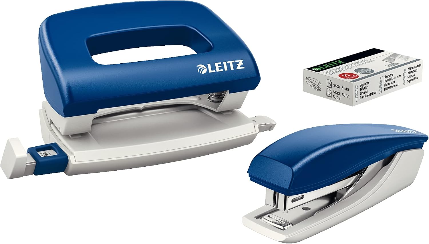 Leitz 5507 Lot Perforatrice et agrafeuse avec agrafes et dégrafeuse. Komplettset bleu