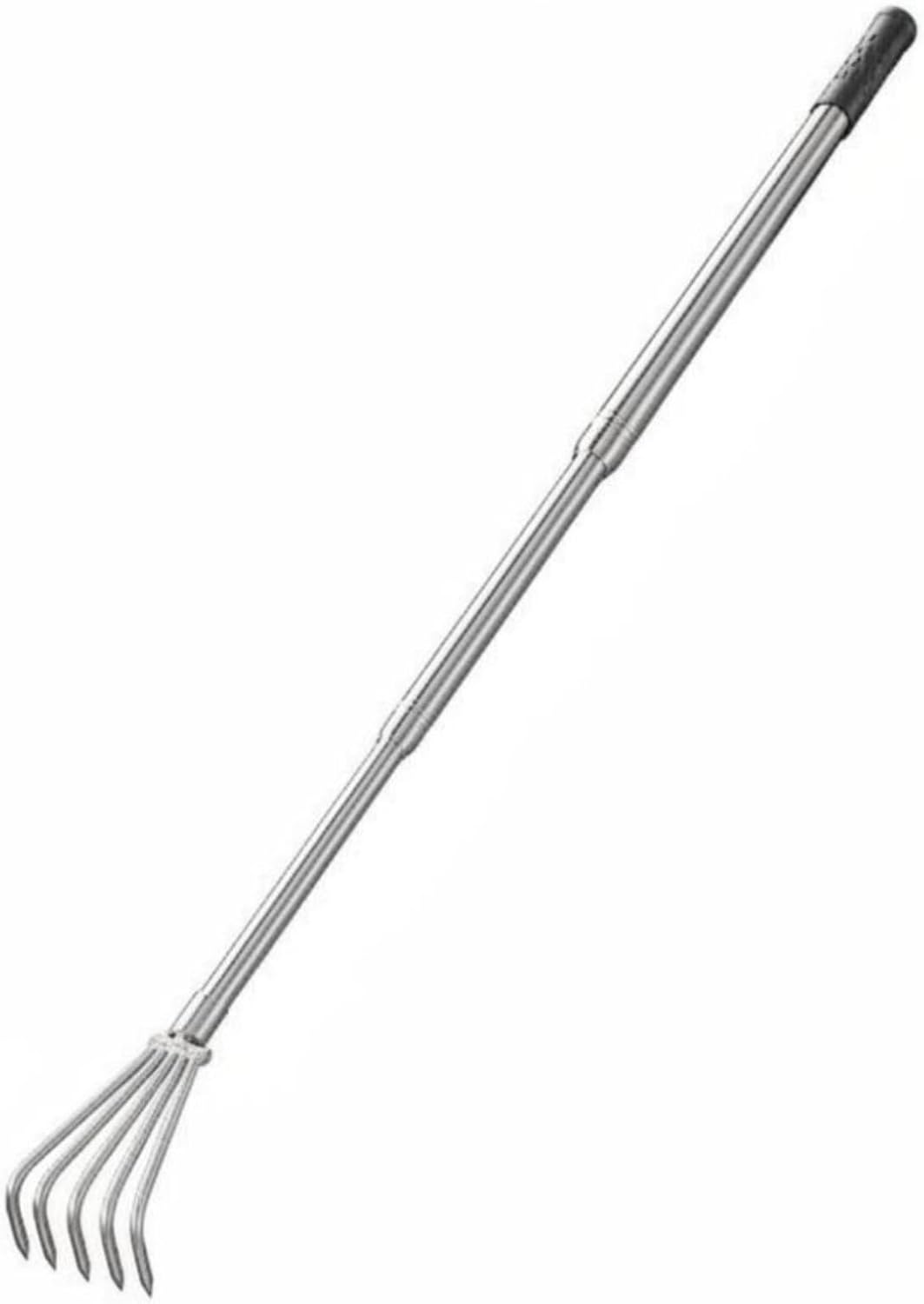 predolo Râteau Télescopique en Acier Inoxydable Réglable Griffe de Jardinage Extensible Poignée Antidérapante Outil D'extérieur pour Plage, Jardin de Légumes , 5 Dents