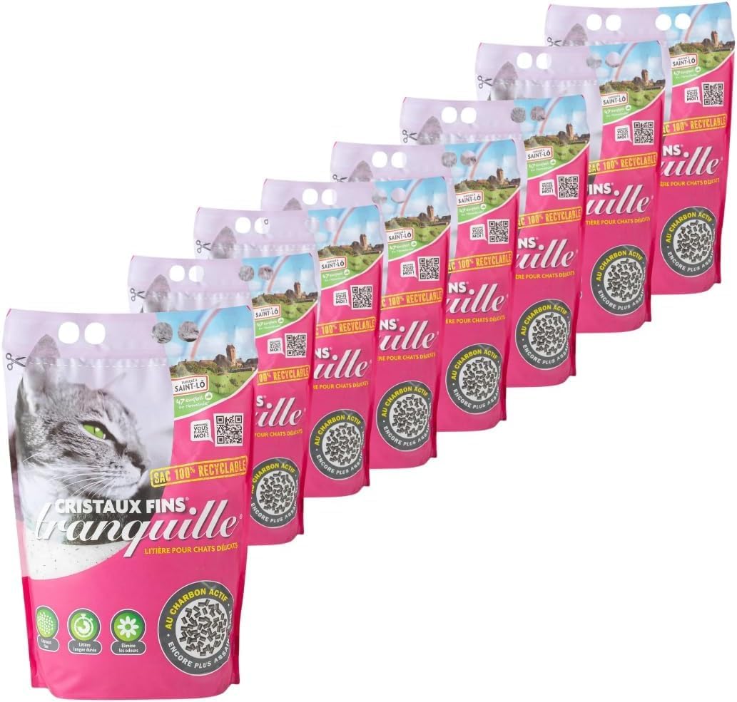 Tranquille - Litière pour Chat Silice Cristaux Fins + Charbon Actif – Ultra Absorbante & Anti-Odeur – Lot de 4 x 3,70L – Litière Hygiénique sans Poussière – Confort Chat & Fraîcheur Intérieure