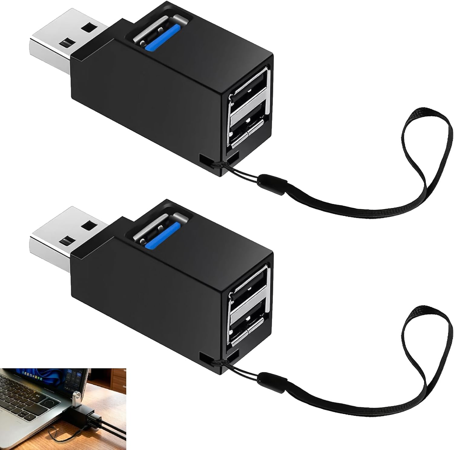 2 Pièces Hub USB3.0 3 Ports, Mini Hub USB pour Ordinateur, Répartiteur USB avec 1 Port USB3.0 et 2 Ports USB2.0, Adaptateur Compact Haute Vitesse 5Gbps pour Clé Clavier Souris PC Portable Ordinateur
