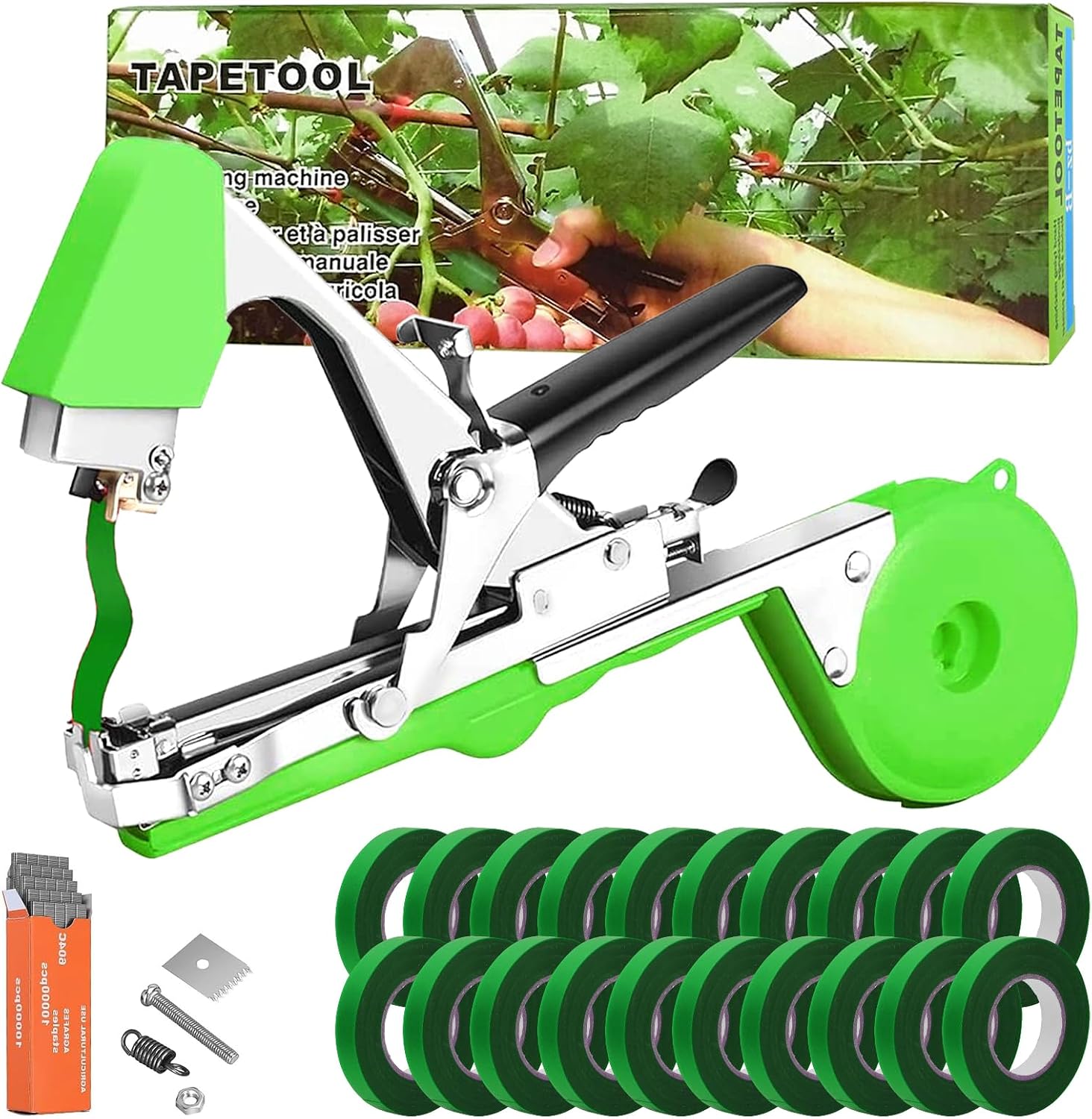 Machine à Nouer Les Plantes, Machine à Taper Nouer Branches, Outil Agriculture Plante de Jardin Machine avec 20 Rouleaux de Ruban Adhésif Vert pour Jardin Fruits Légumes Fleurs Tomates Vigne