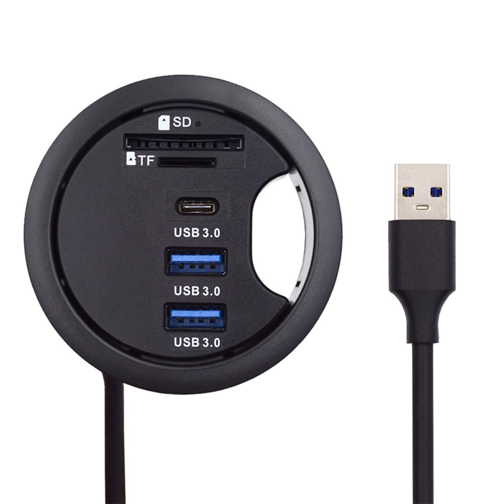xiwai Hub USB 3.0 USB-C à 2 ports USB de 60 mm avec œillet pour bureau, station d'accueil pour écouteurs, microphone et audio pour PC de bureau