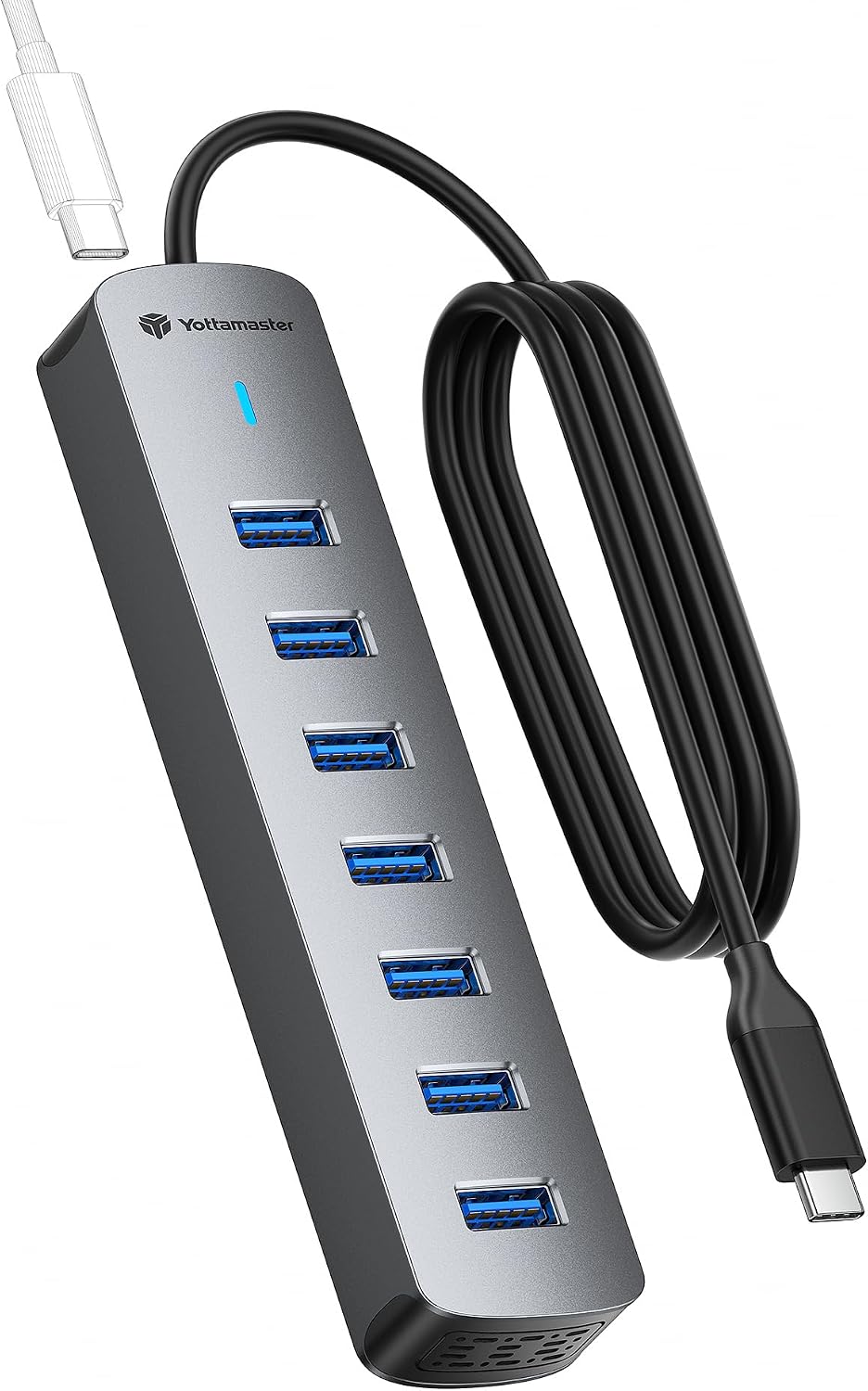 Yottamaster 7-Port USB Hub 3.0 mit 50cm Kabel für Desktop, 5V 3A Aluminium USB Verteiler 5Gbps Multiport Adapter mit USB-A Port für PC, 5V 3ALaptop, MacBook, U-Disk, Maus,Tastatur