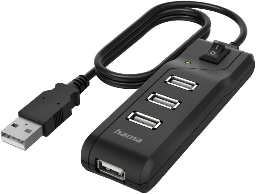 Hama Hub USB multiport Data (4 ports, USB 2.0, Vitesse de Transfert de Données 480 Mbit/s, Interrupteur Marche/Arrêt, Témoin de fonctionnement à LED,Garantie 10 ans,Plug et Play,Compact, Robuste) Noir