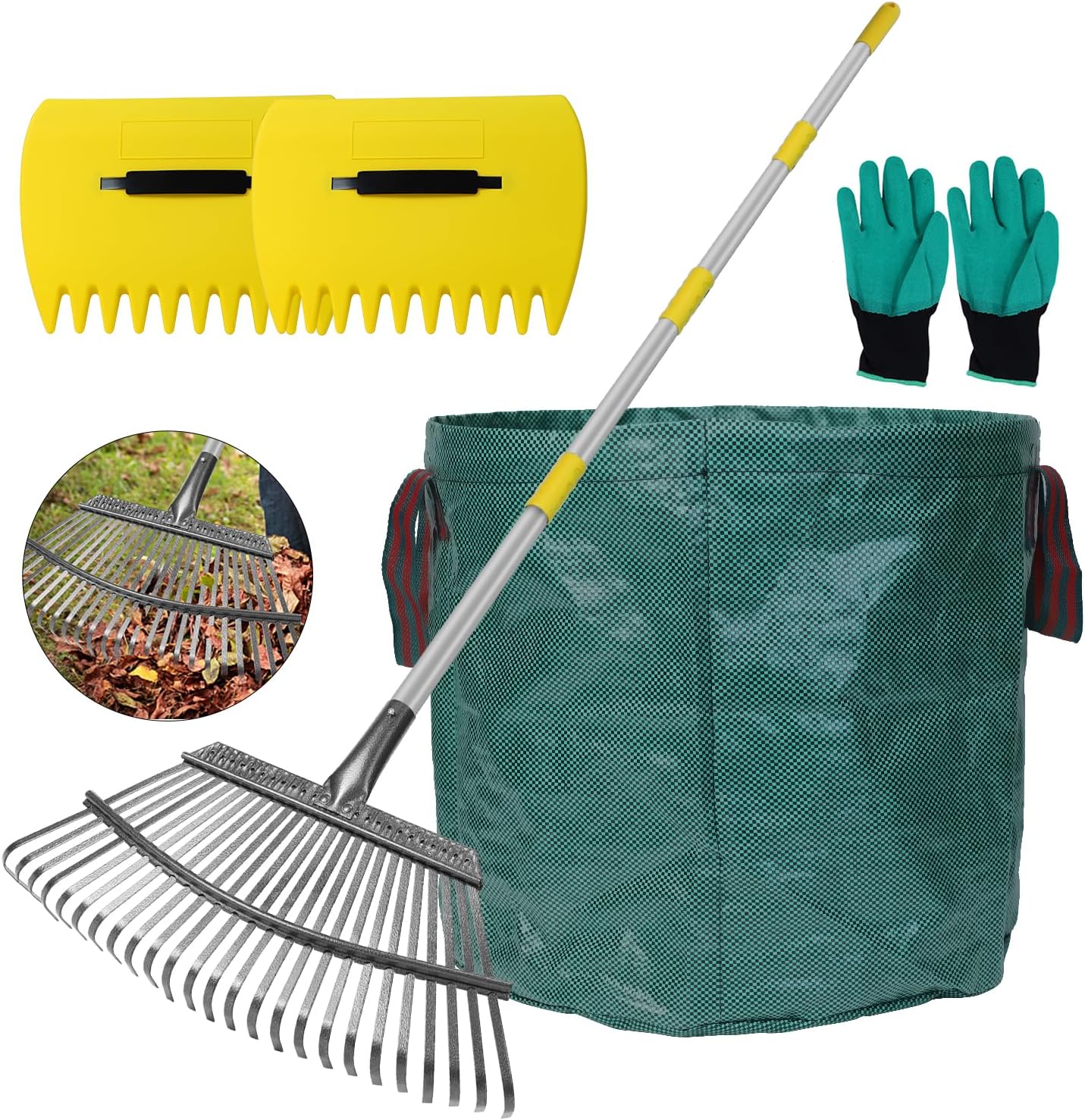 Stanew Râteau à Feuilles de Jardin, Râteau à Feuilles avec Manche Télescopique avec 25 Dents, Kit de Outillage de Jardin pour Ramasser Les Feuilles ou l'herbe Coupée (Longueur de la Tige 165CM)