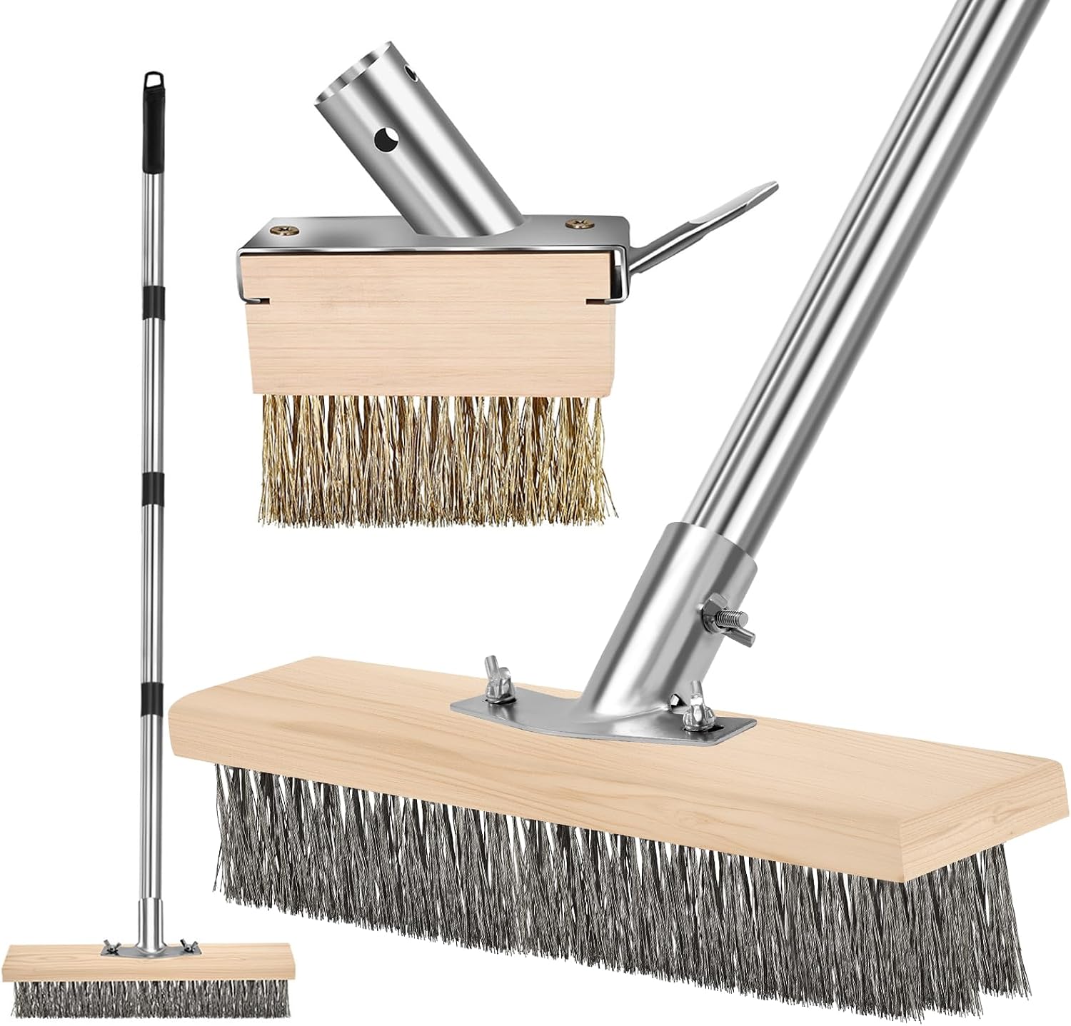 Lot de 2 têtes de brosse en fil métallique avec manche amovible de 165 cm pour terrasses, trottoirs, chemins, suceur plat