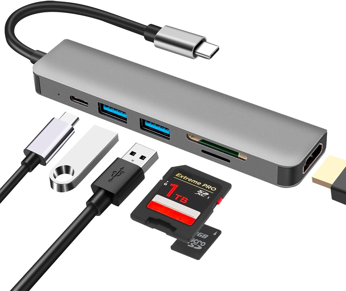 Hub USB C 6-en-1 avec HDMI 4K Lecteur SD/TF et Ports USB