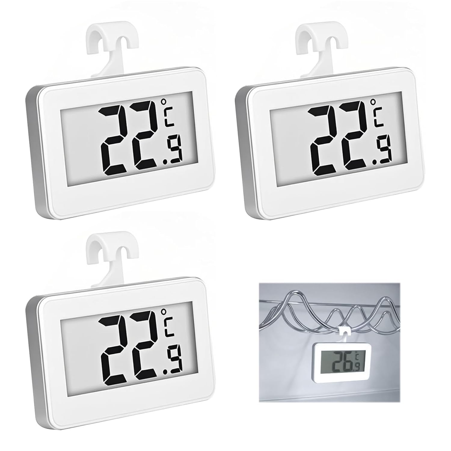 3 Pièces Thermomètre Numérique pour Réfrigérateur et Congélateur Digital LCD, Mini Thermometre Frigoavec Crochet et Affichage Facile à Lire, Idéal pour Cuisine Plage de Température 20°C à 50°C