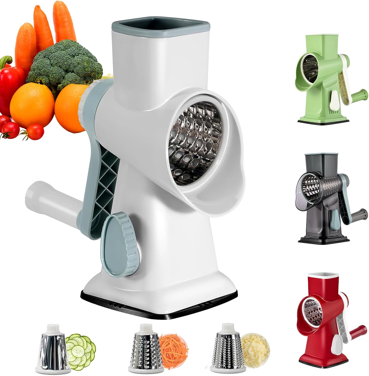 Coupe Legumes Multifonctions, Mandoline Cuisine avec 3 Lames de Tambour Détachables, Mandoline de Cuisine Manuelle pour Oignons, Fromage, Carottes, Noix, Concombre, etc, Forte Aspiration (Gris)