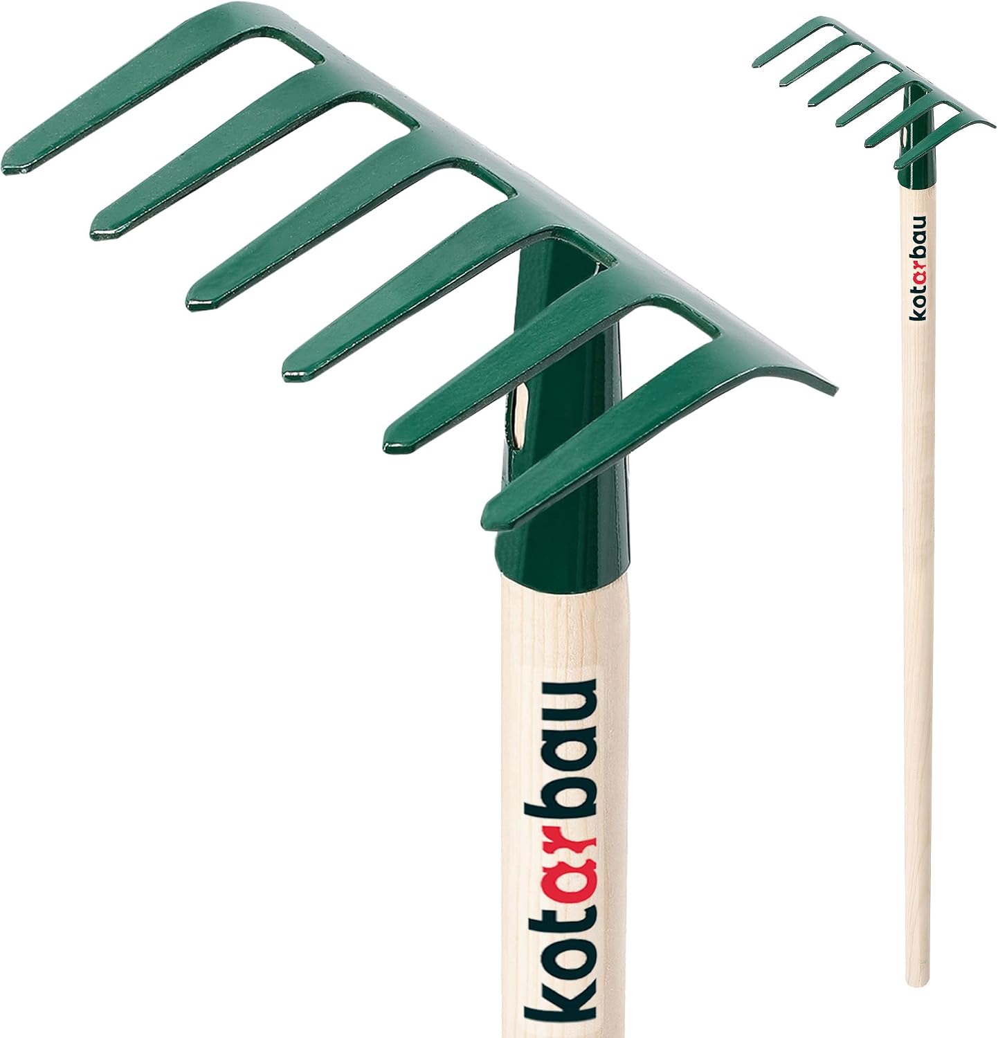 KOTARBAU® Rateau a Feuille - 11,5 cm - Rateau Jardin - Acier - 30 cm - Vert - Outil pour Massifs de Fleurs - avec Manche en Bois - 6 Dents - Compact - Résistant à L’Humidité