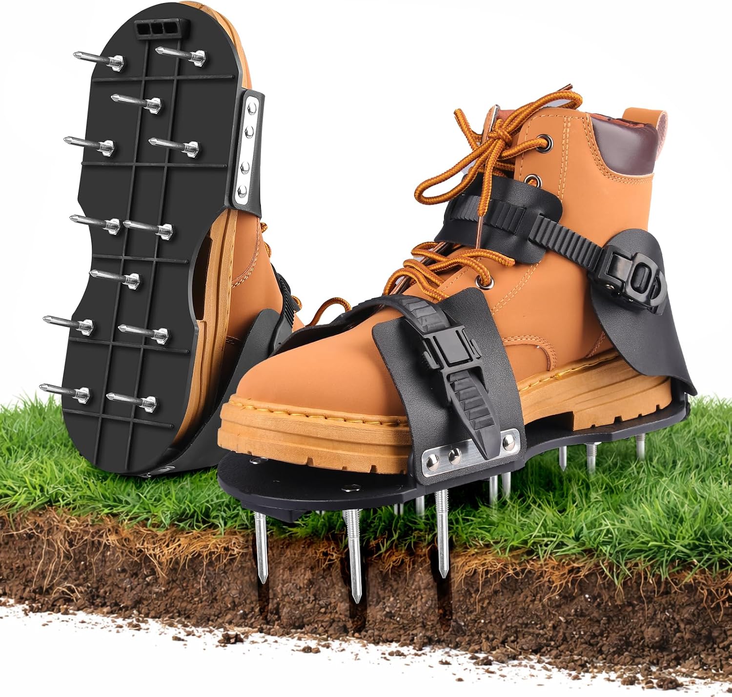 Aérateur Pelouse Chaussure Pro, Aérateur de Pelouse avec Double Sangles Réglables, Clous Galvanisés 45mm, Pointes de Rechange, Scarificateur Gazon Chaussures pour Gazon, Chape, Jardin