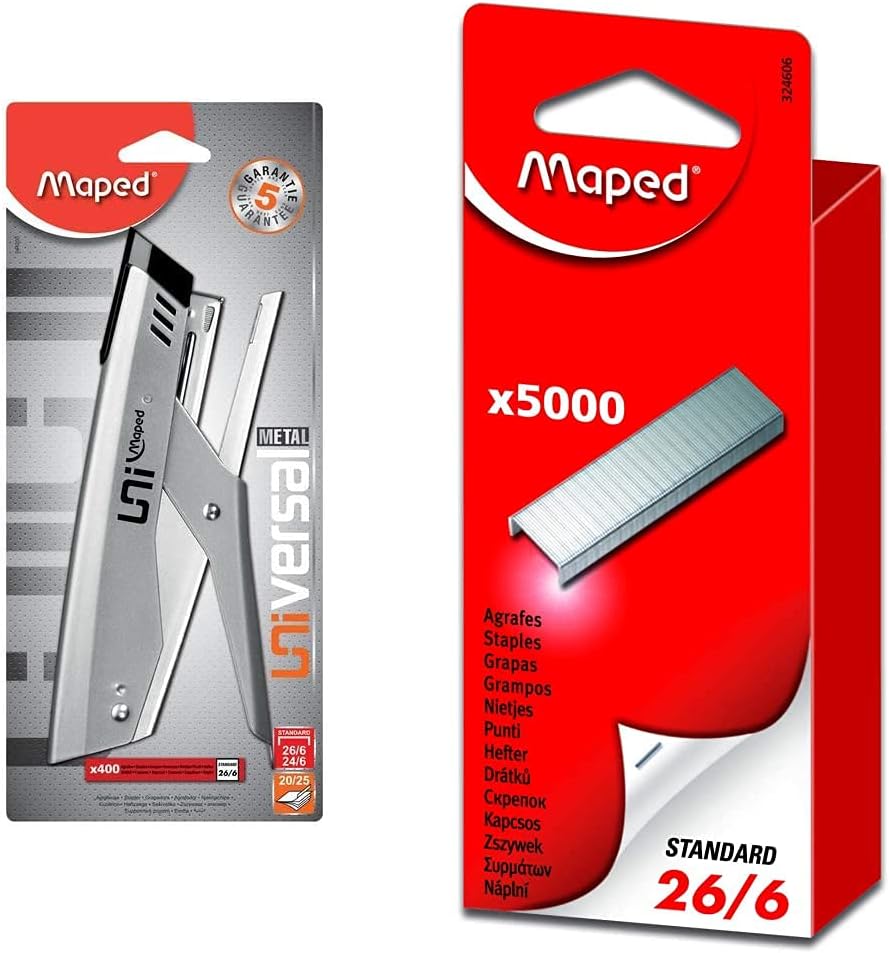 Maped - Agrafeuse Métal Universal - Compatible Agrafes N°24/6 et 26/6 - Capacité 25 Feuilles - Avec 800 Agrafes 26/6 Incluses