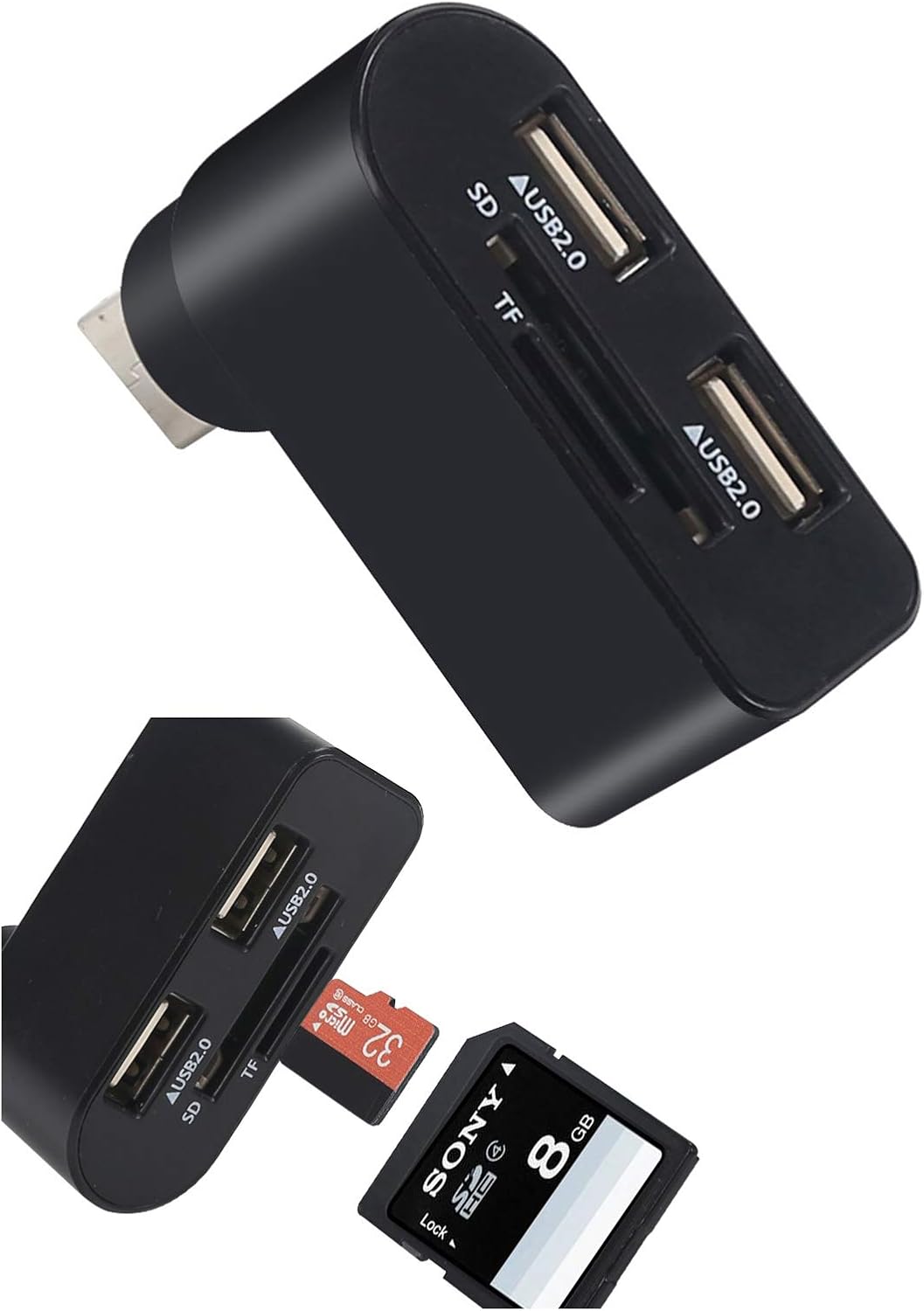 F89CS Hub USB 2.0 – Répartiteur USB 2.0 à 2 ports avec lecteur de carte Micro SD/SD, extra léger et rotatif à 180 ° pour PC, ordinateur portable et plus encore