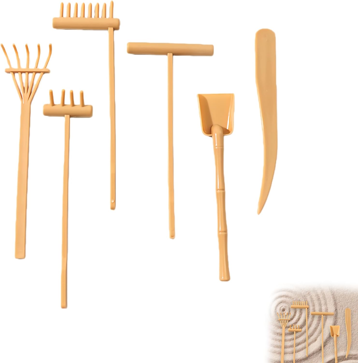 Jardin Zen Miniature 6 pièces Outils décoration Bureau Bois Naturel Accessoires râteau Sable créatif Usage intérieur méditation Relaxant