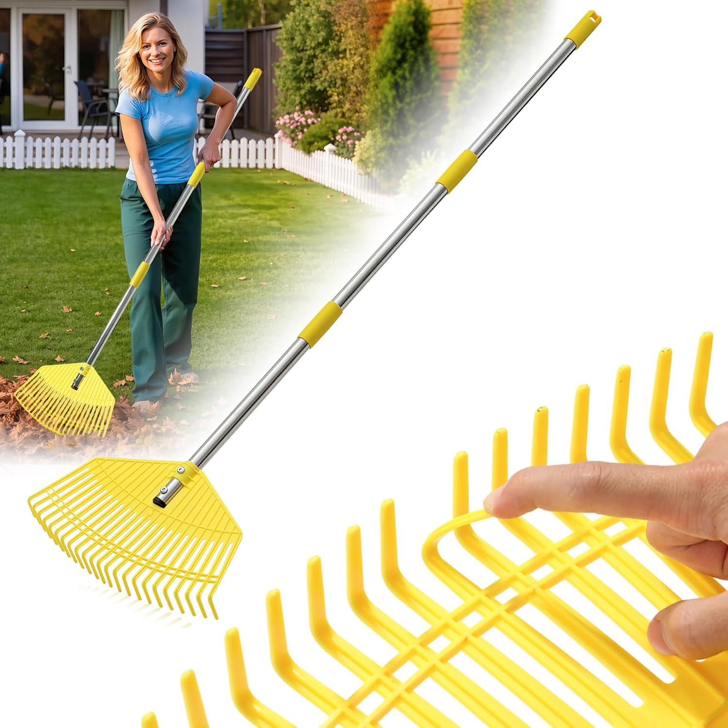 Râteau à feuilles de jardin pour feuilles – Tête en plastique nylon de 42 cm de large, manche léger réglable de 128,5 cm pour femmes, personnes âgées et enfants