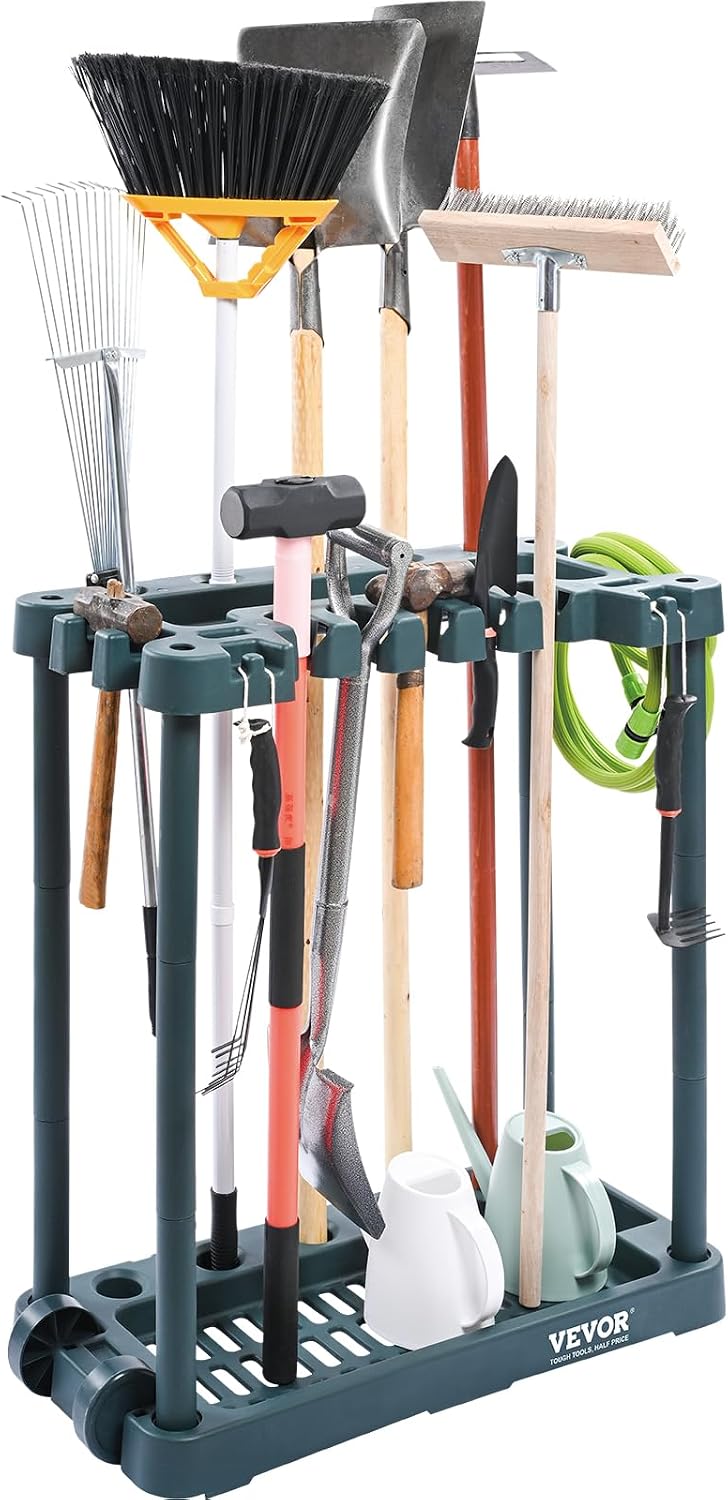 VEVOR Support Range Outils de Jardin 16 Emplacements avec Crochets Porte-outils de Garage en Métal sur Roulettes pour Organisation et Stockage Abri Extérieur des Outils, Râteaux, Balais à Long Manche
