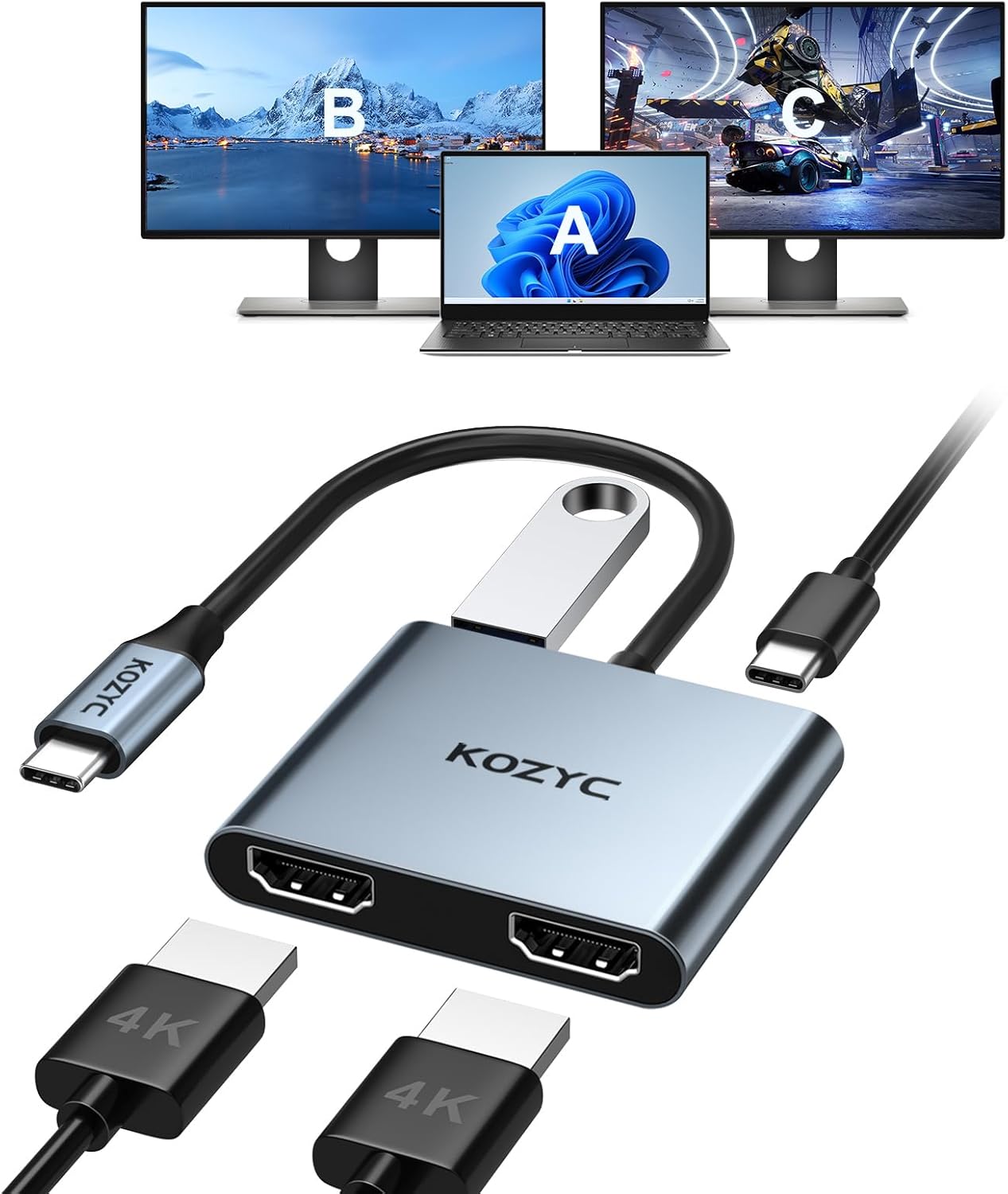 KOZYC USB C to Dual HDMI Adapter, USB C Hub Multiport Adapter avec 2 HDMI 4k, USB 3.0, 100W PD