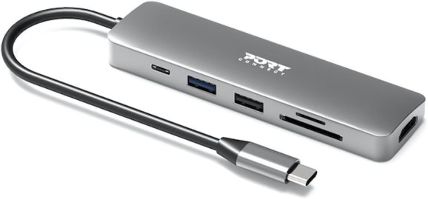 PORT DESIGNS Hub USB-C 6 en 1, Station d’Accueil HDMI 4K 60 Hz, Charge PD 100W, USB-A 3.2 Gen 1 5 Gbit/s, USB-A 2.0, Lecteur Carte SD et Micro SD, Aluminium, Windows et Mac