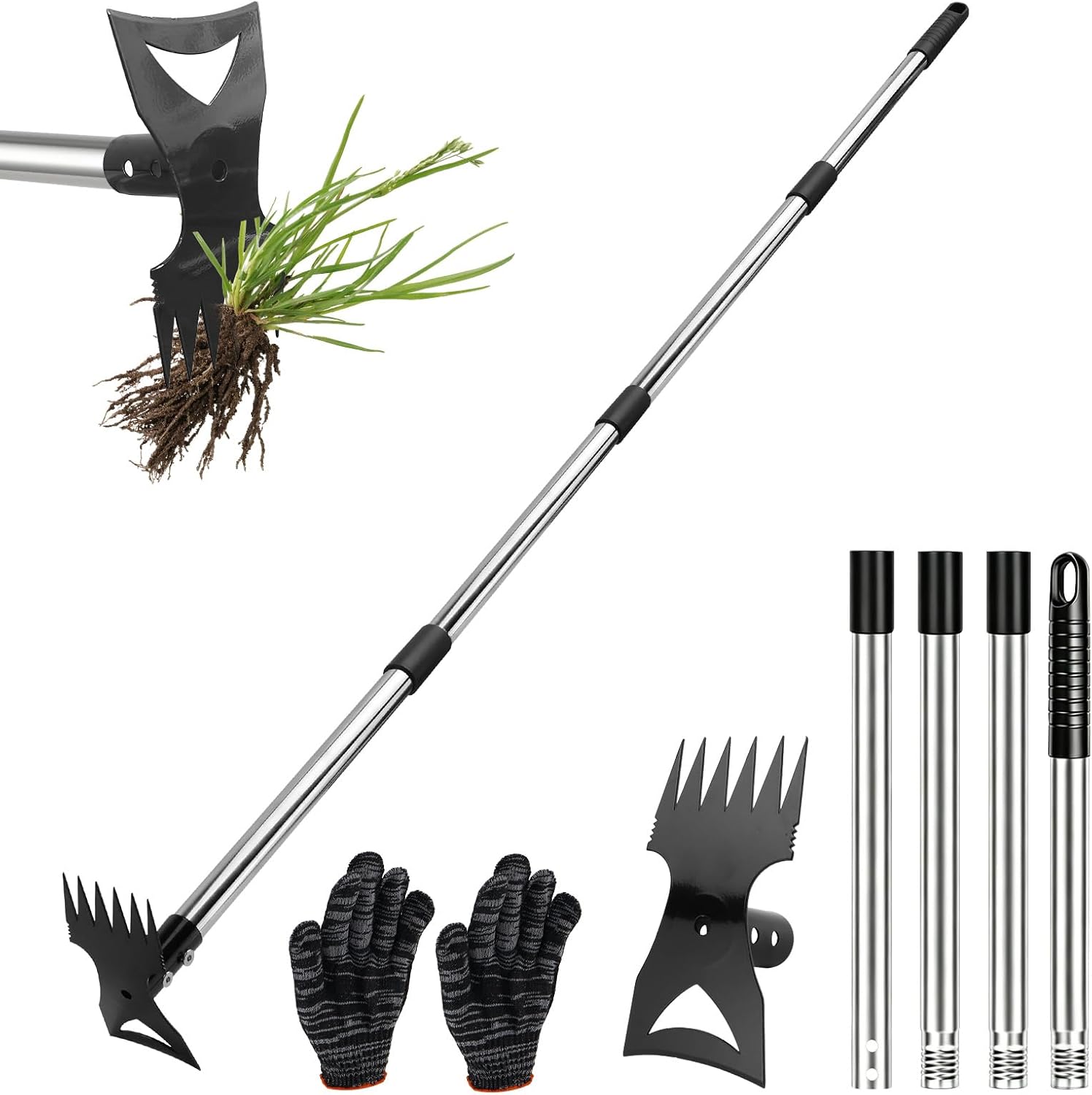 Serfouette Jardinage 148 cm Houe de Jardin 2 en 1 avec Griffe de Jardin Dents, Binette Jardinage Manche Long, desherbeur pour Cour, pelouse, terrasse, Jardin