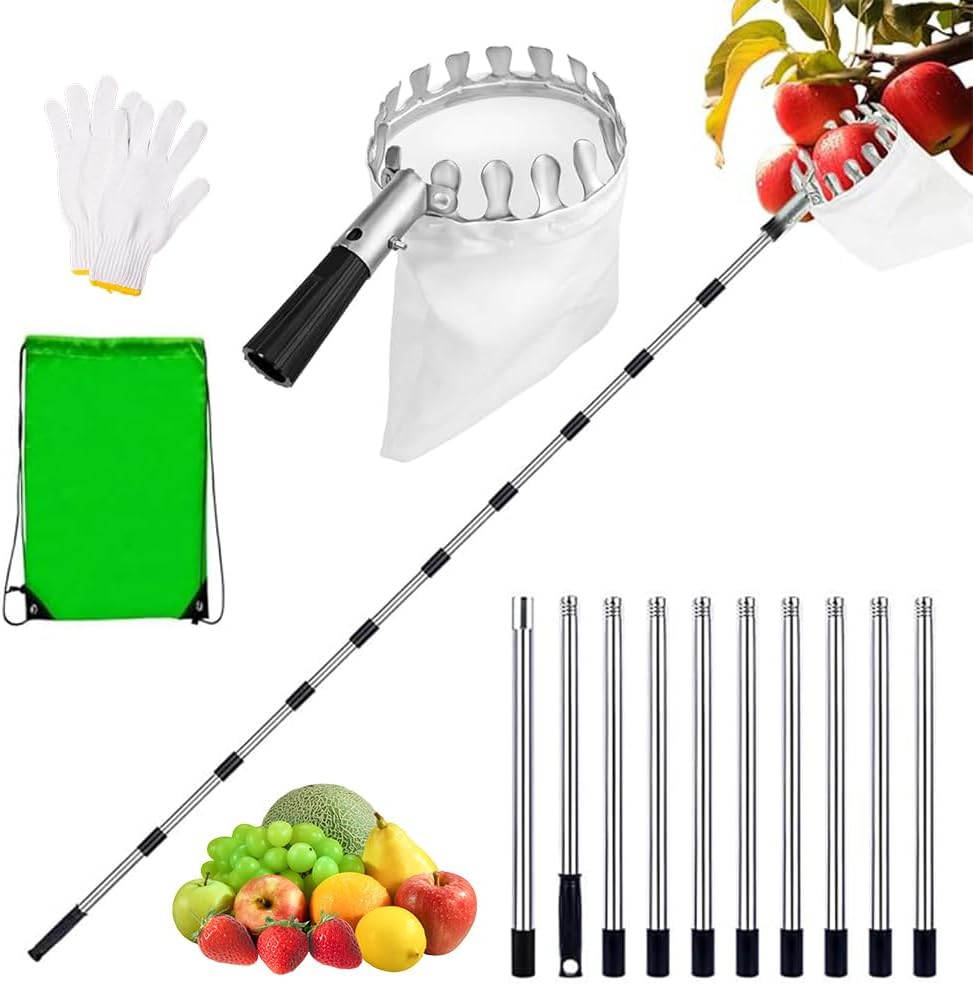 4,2 m Cueille Fruit Telescopique, Cueilleur de Fruits Amovible avec Sac De Rangement, Ramasse Fruit de INOX, Fruits Cerise Outil à Cueillir de Fruits pour Maison, Verger, Ferme, Diamètre 16 cm