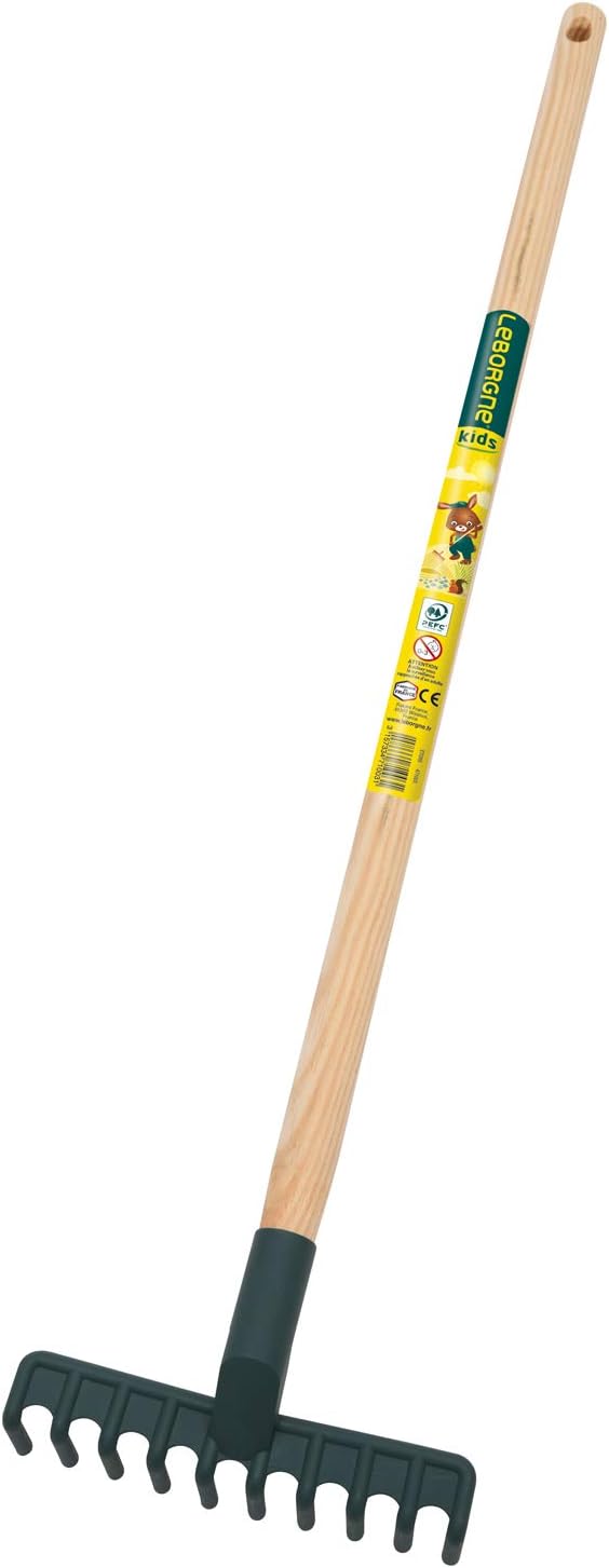 Leborgne, Râteau de Jardinage pour Enfant, Longueur 70 cm, Tête en Plastique Durable, Manche en Bois PEFC, Couleur Aléatoire (Jaune ou Vert), Idéal pour Initier Les Petits au Jardinage