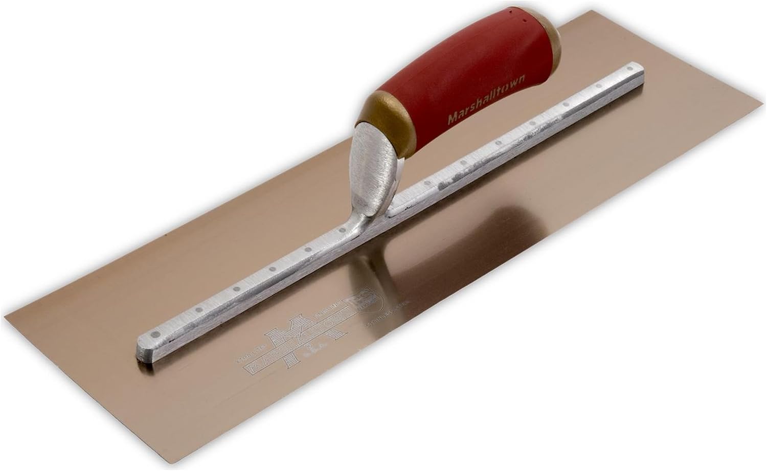 Marshalltown MPB165GD, Truelle de lissage Marshalltown PermaShape "Broken-in", manche Durasoft, acier doré, dimensions : 406x127 mm