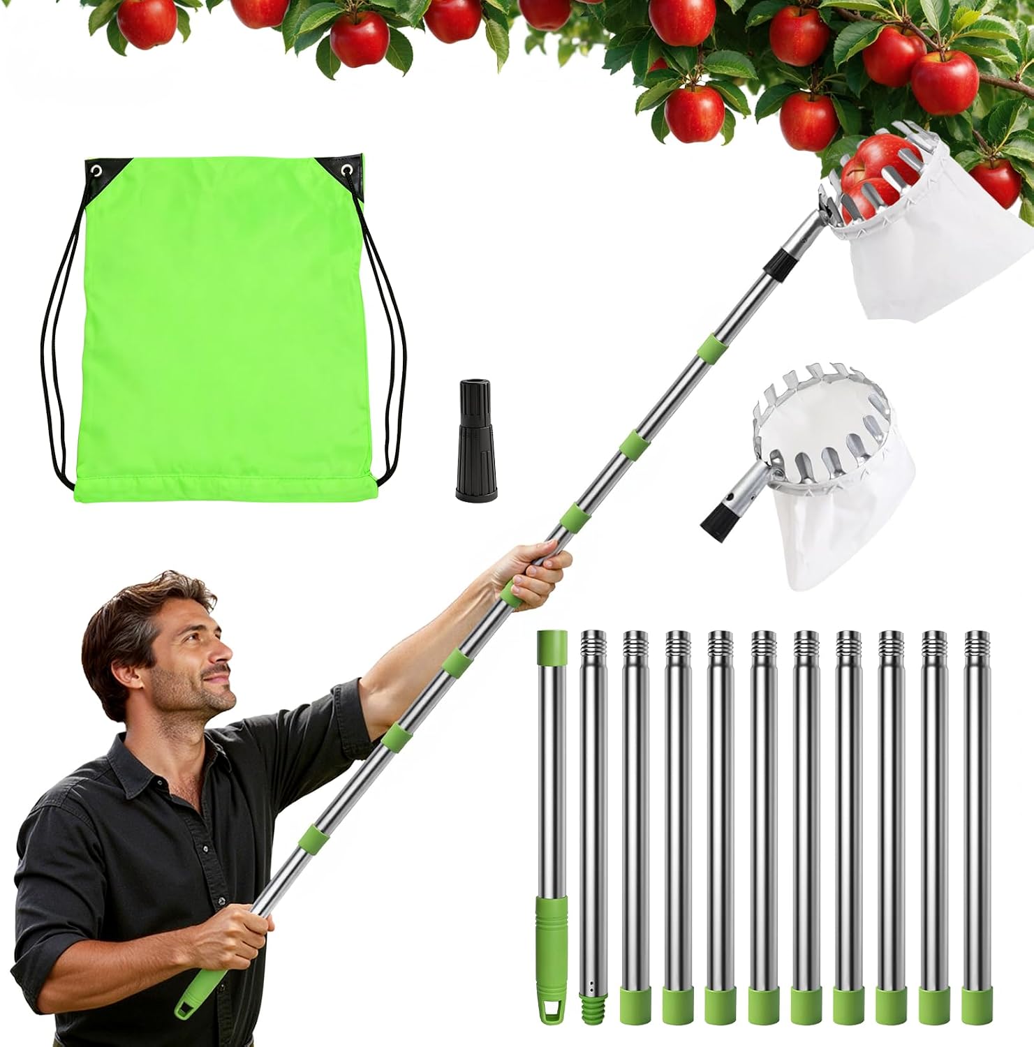 Cueille Fruit Telescopique Récolteur de Fruits: Récolteur de Pommes - Cueilleur Fruits Amovible Cueille Cerise Cueille Pomme Cueille Fruit Outil Cueillette Jardin avec tige de connexion et sac en