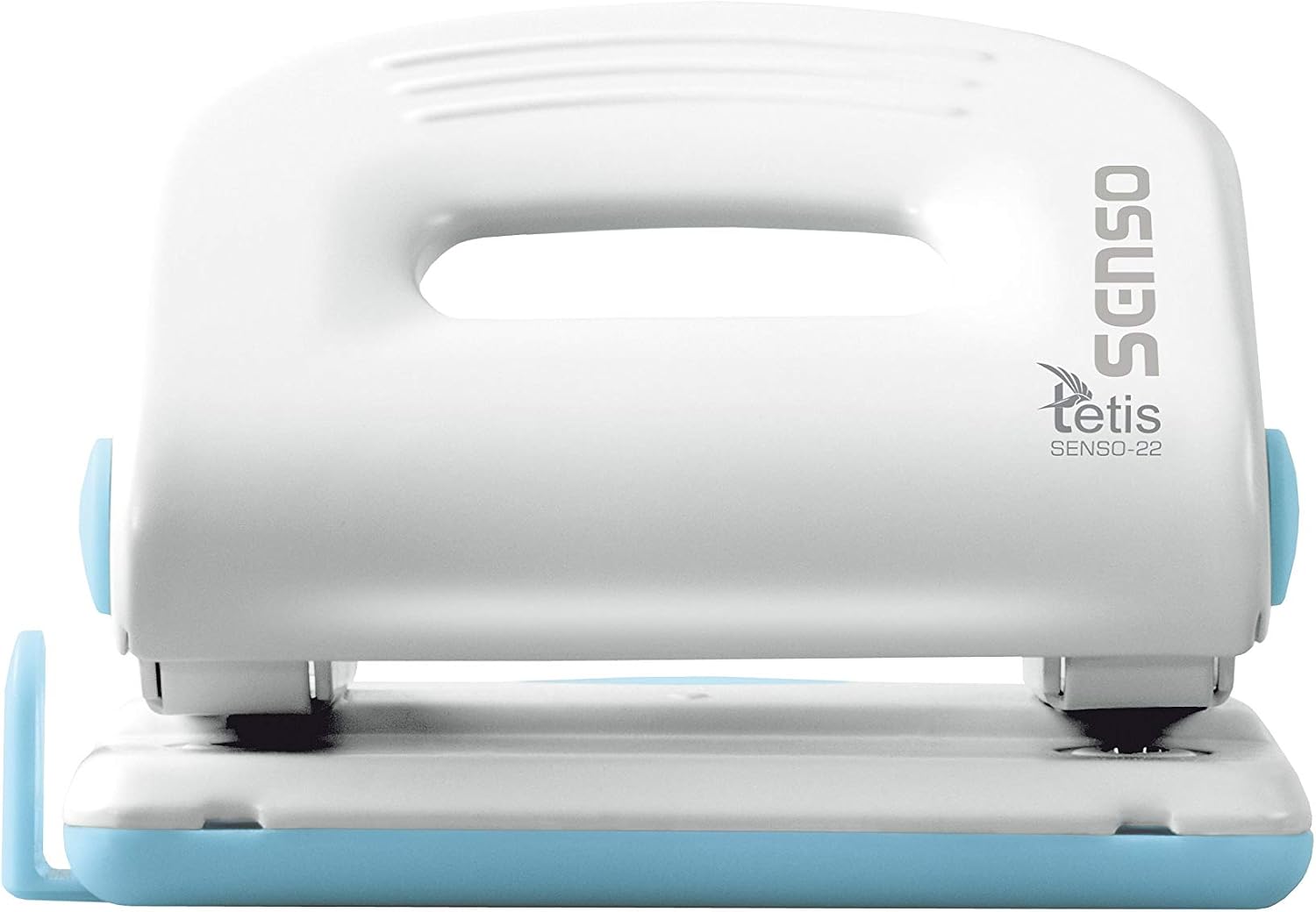 Perforatrice de bureau en métal bleu et blanc - 25 feuilles - Capacité de perforation - Rail de butée avec formats - Perforatrice en métal - Diamètre des trous : 6 mm - Espacement des trous : 8 cm -
