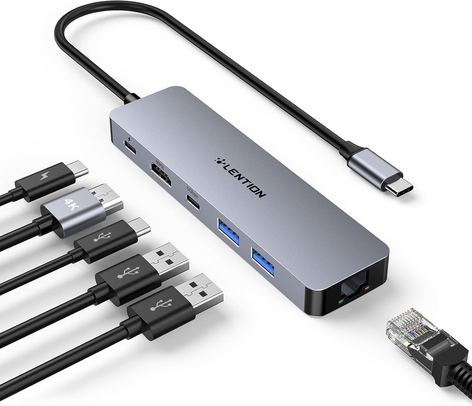 LENTION Ethernet Gigabit Hub USB C 6-en-1 Adaptateur Multiport HDMI 4K@60Hz