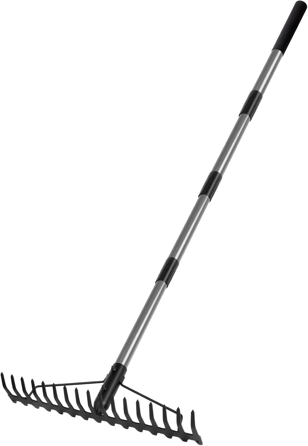 Walensee Râteau de jardin robuste de 1.5 m, avec manche en acier inoxydable, 17 dents en acier, tête en métal pour ameublir le sol, ramasser les feuilles, niveler la pelouse, le pelouse, le chaume