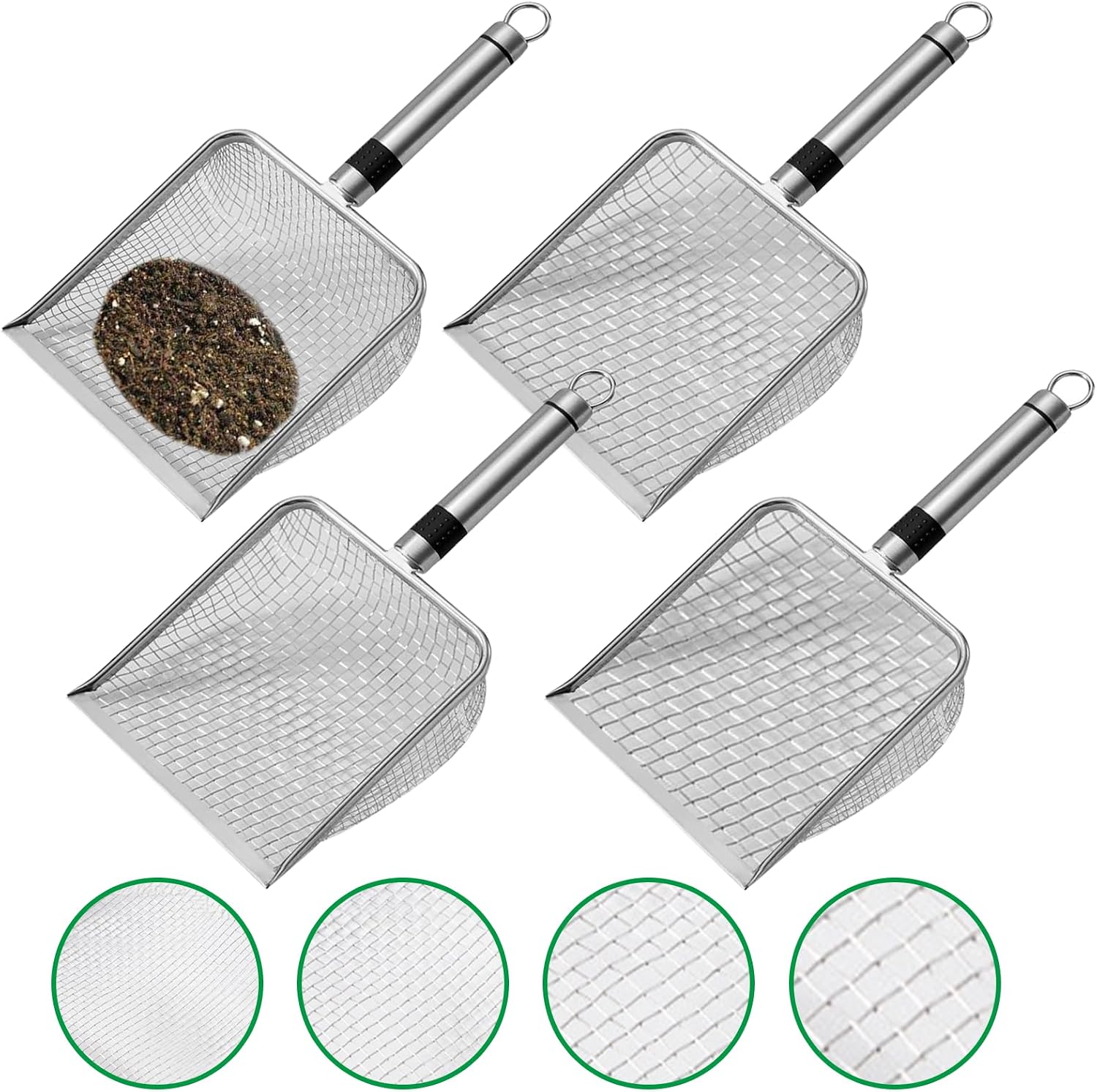 Lot de 4 tamis à compost de jardin en 4 tailles (mailles 2/2,8/3,8/5 mm) - Tamis à sable - Tamis à compost avec poignée, pelle à litière pour chat, tamis de jardin en acier inoxydable pour sable