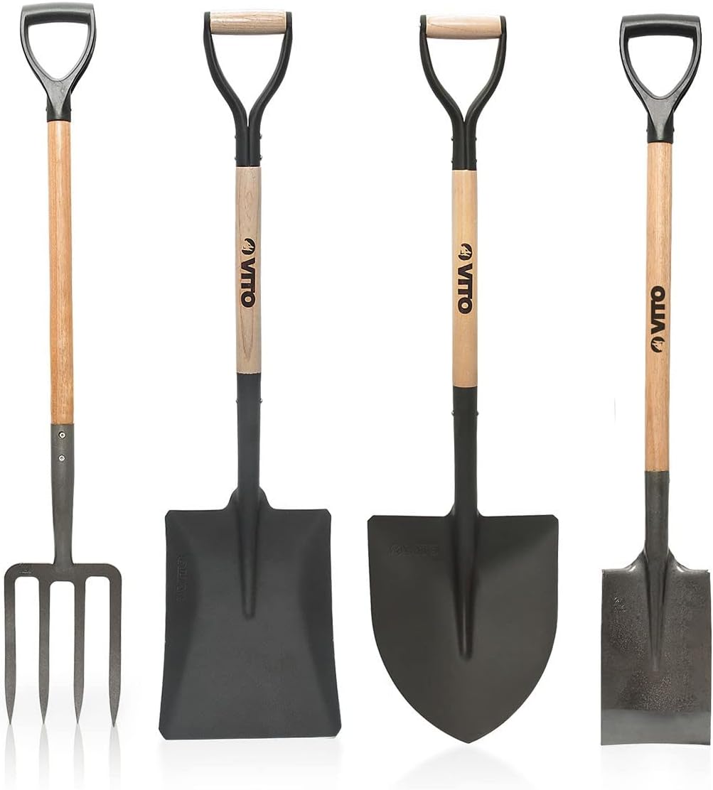 VITO - Pack 4 Outils de Jardin Acier Haute qualité Manche en Bois Poignée Ergonomique Fourche + Pelle carrée + Pelle Ronde + Bêche
