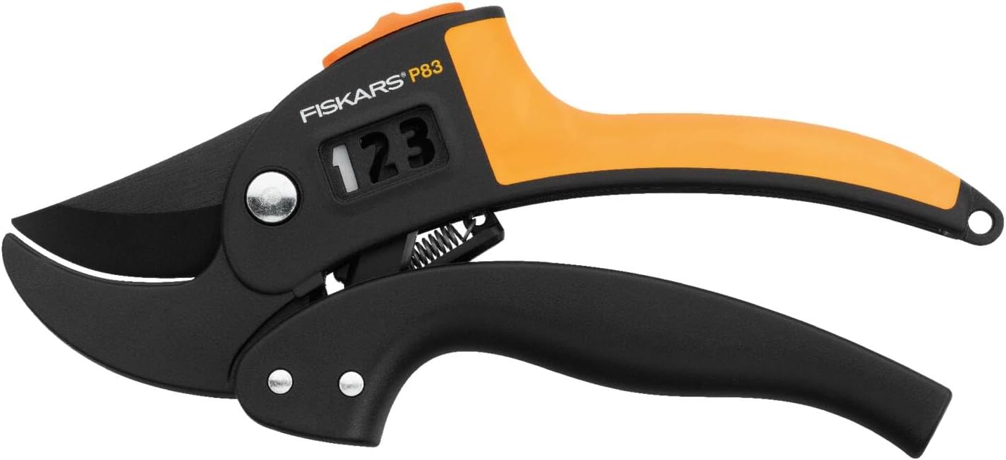Fiskars Sécateur à enclume pour bois sec et dur, Diamètre de coupe: 2,4 cm, Lames en acier avec revêtement antiadhésif, Longueur: 19 cm, Noir/Orange, PowerStep, P83, 1000575